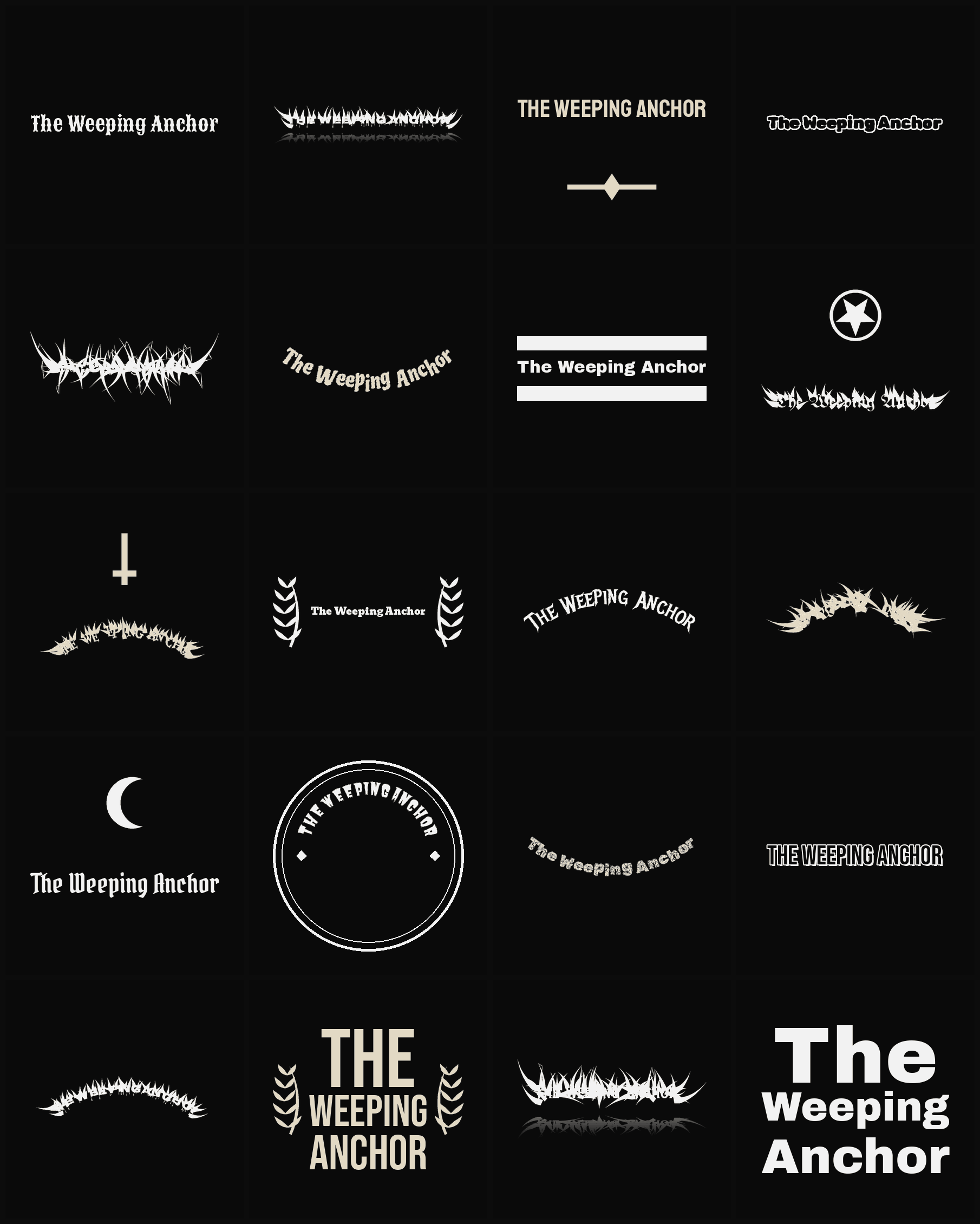 Twenty The Weeping Anchor band logo ideas — different faces, treatments and spike settings