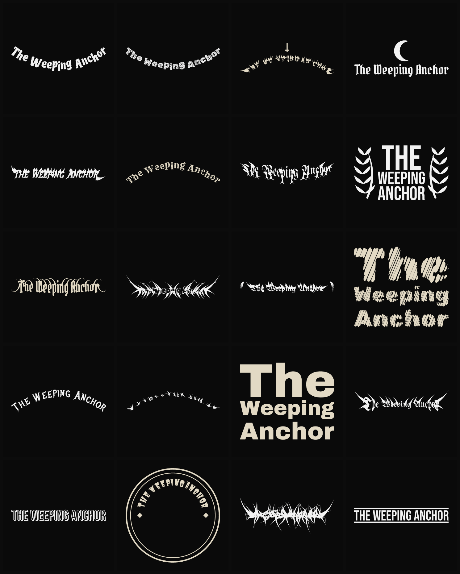 Twenty The Weeping Anchor band logo ideas — different faces, treatments and spike settings