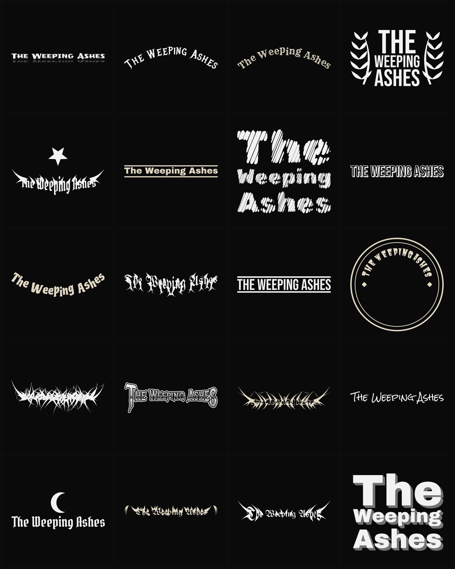 Twenty The Weeping Ashes band logo ideas — different faces, treatments and spike settings