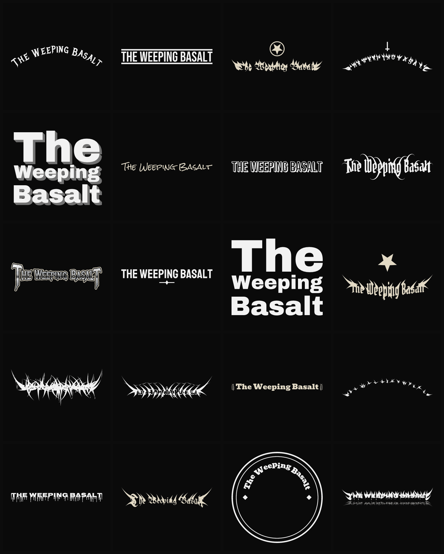 Twenty The Weeping Basalt band logo ideas — different faces, treatments and spike settings