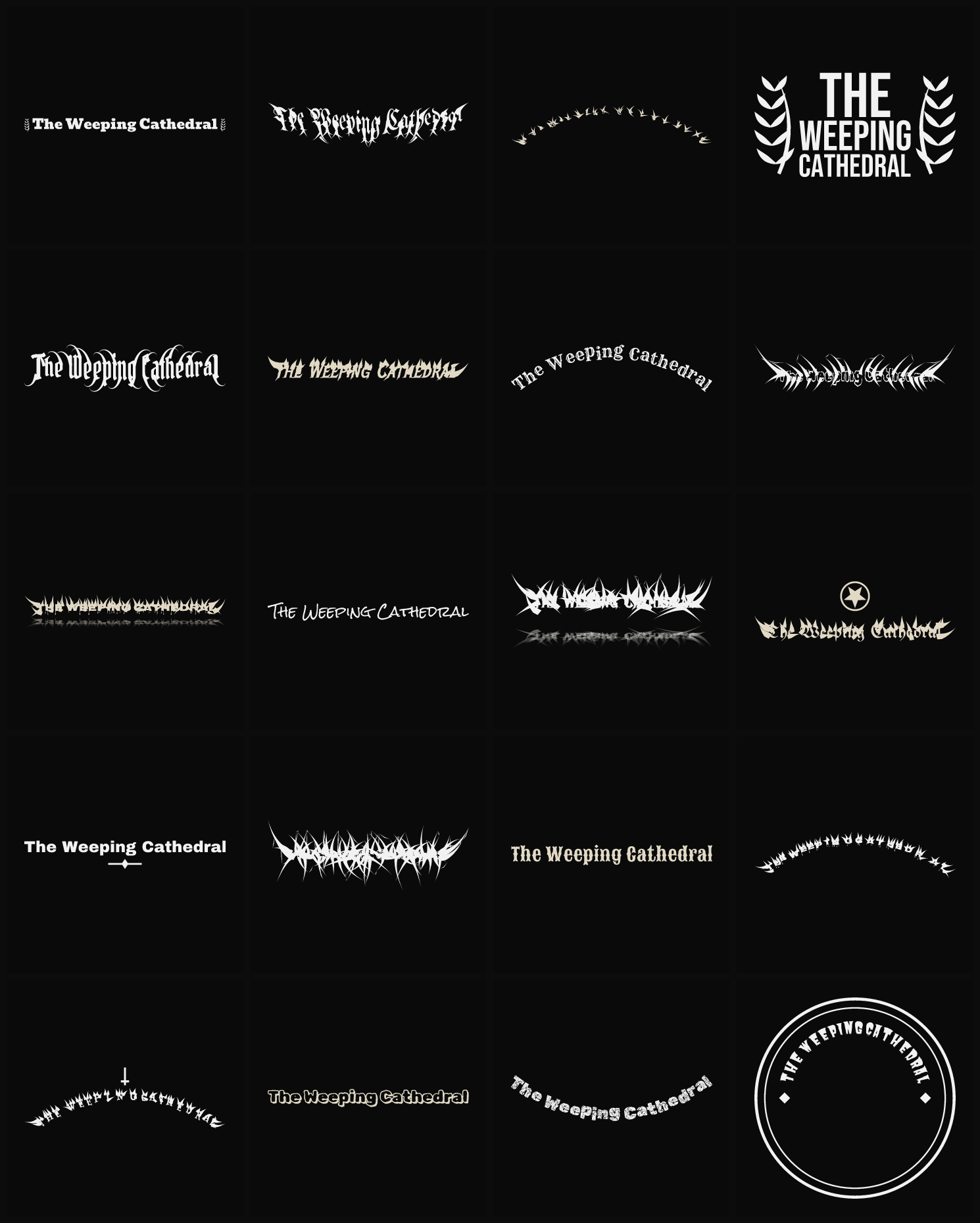 Twenty The Weeping Cathedral band logo ideas — different faces, treatments and spike settings