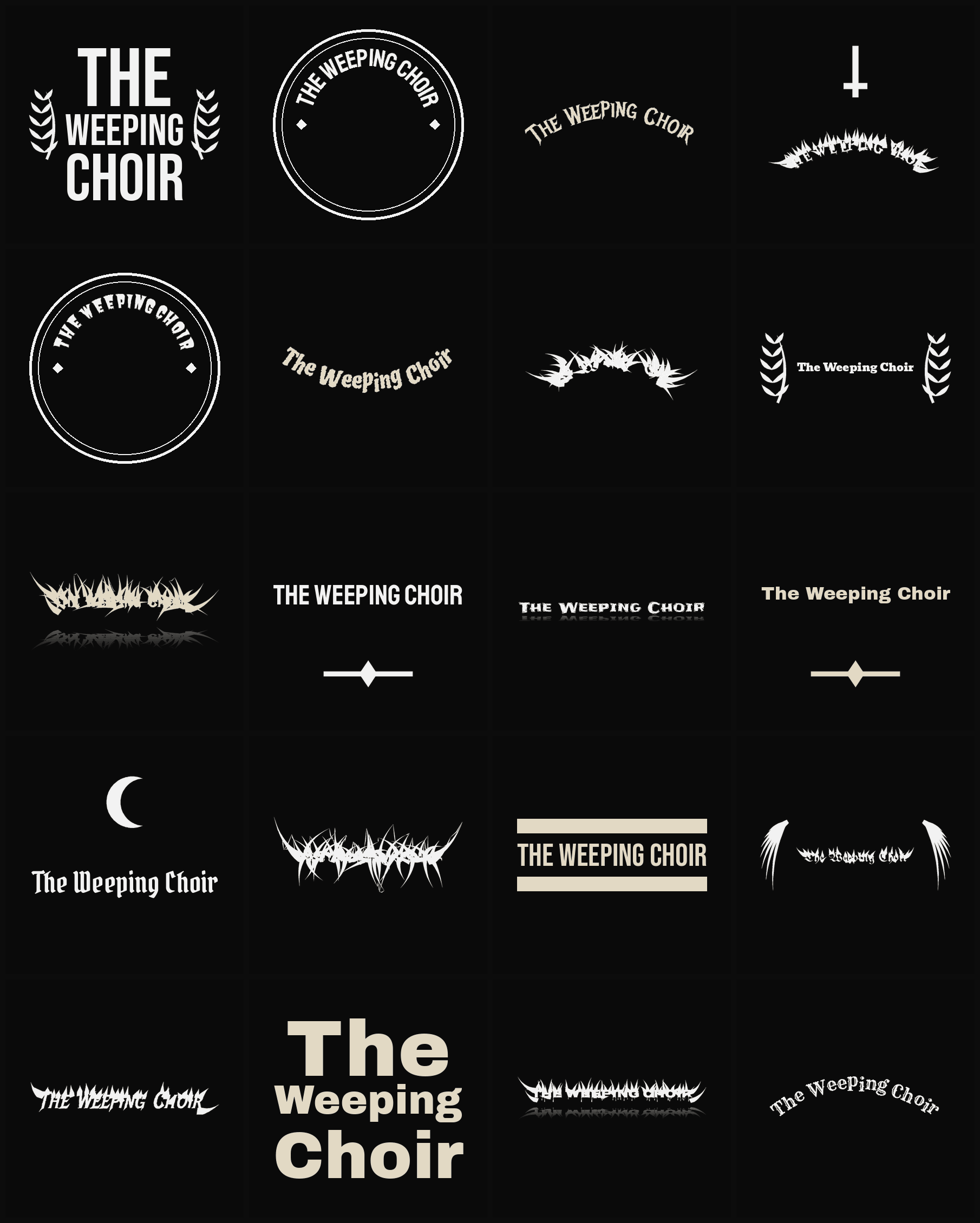 Twenty The Weeping Choir band logo ideas — different faces, treatments and spike settings