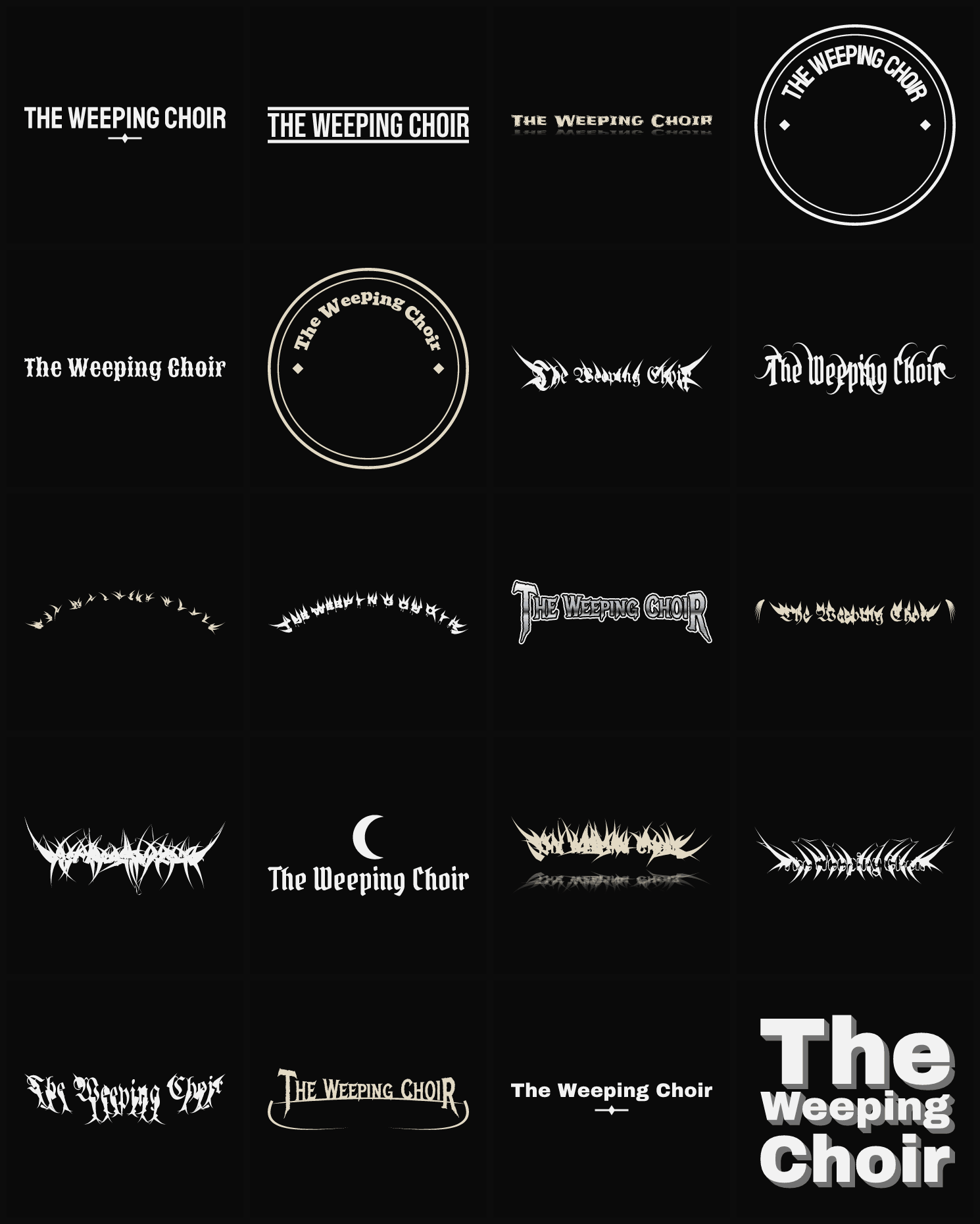 Twenty The Weeping Choir band logo ideas — different faces, treatments and spike settings