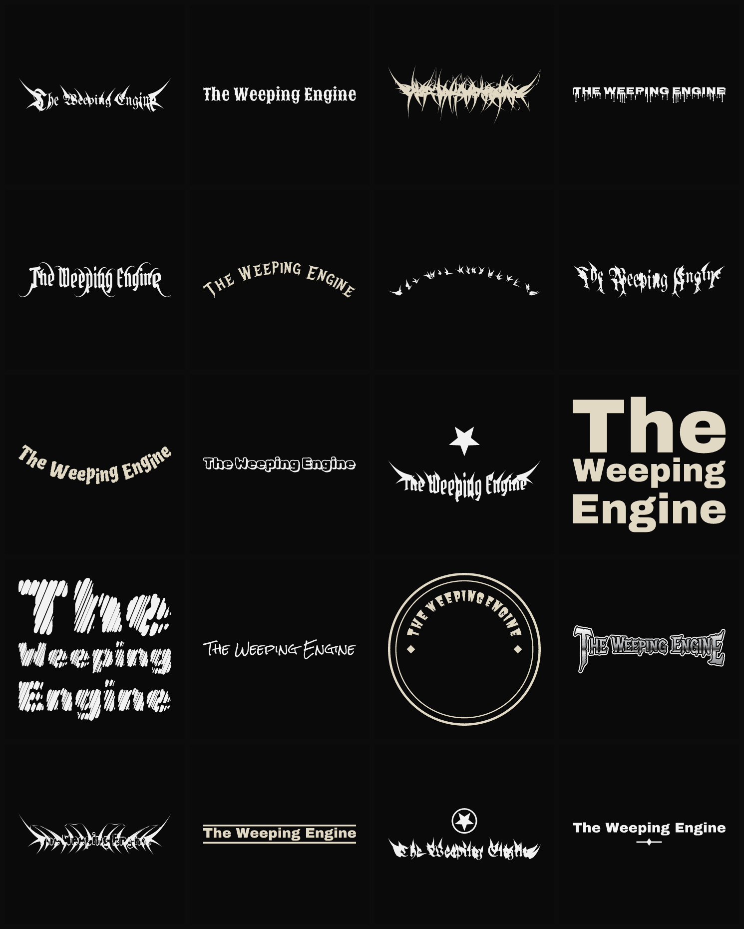 Twenty The Weeping Engine band logo ideas — different faces, treatments and spike settings