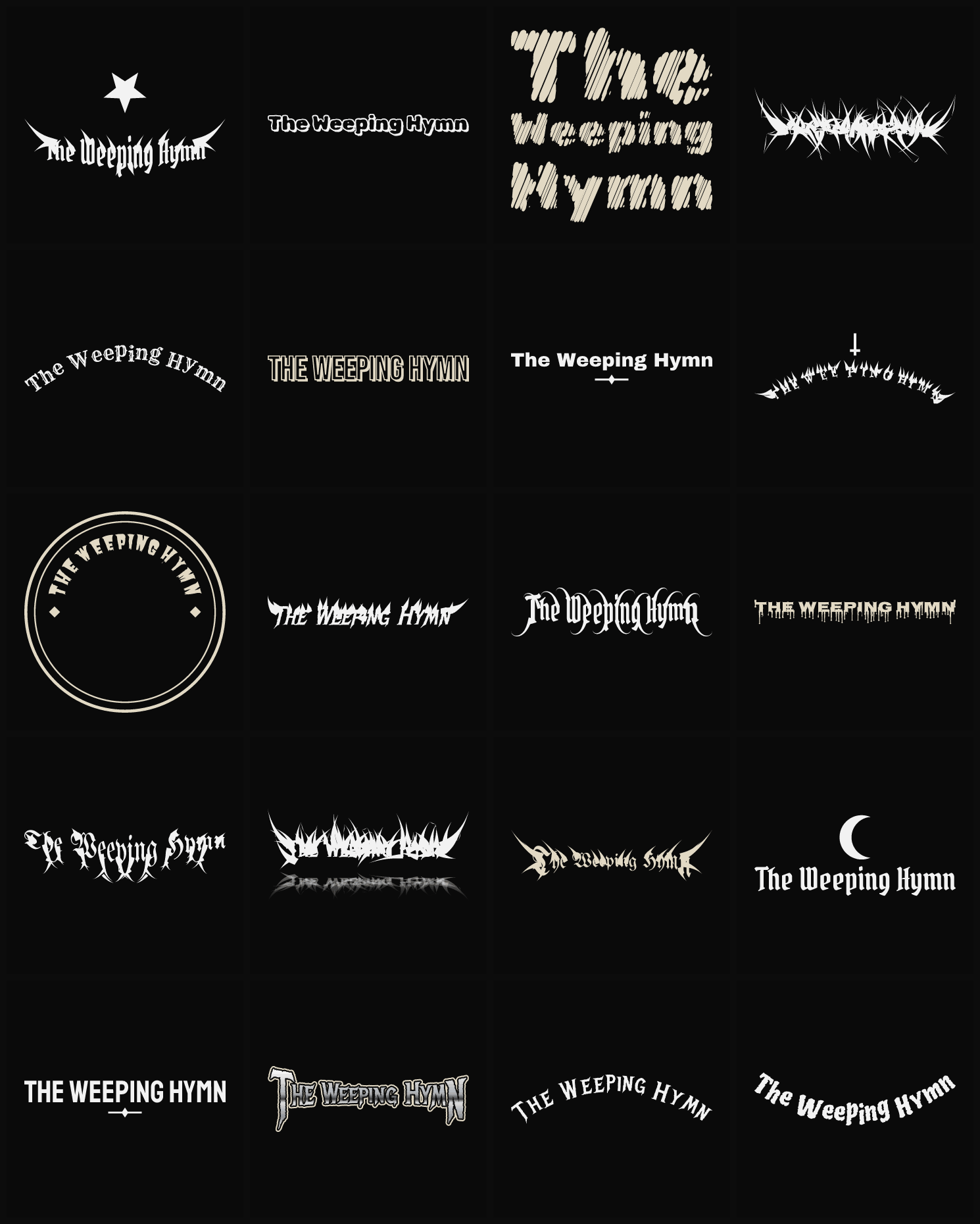 Twenty The Weeping Hymn band logo ideas — different faces, treatments and spike settings