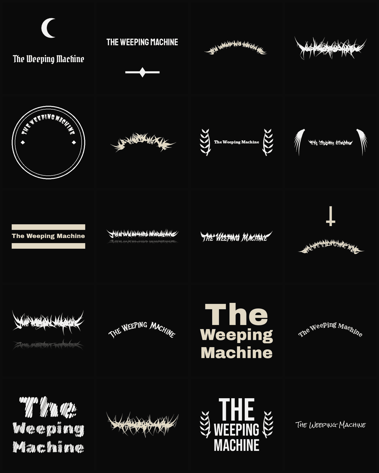 Twenty The Weeping Machine band logo ideas — different faces, treatments and spike settings
