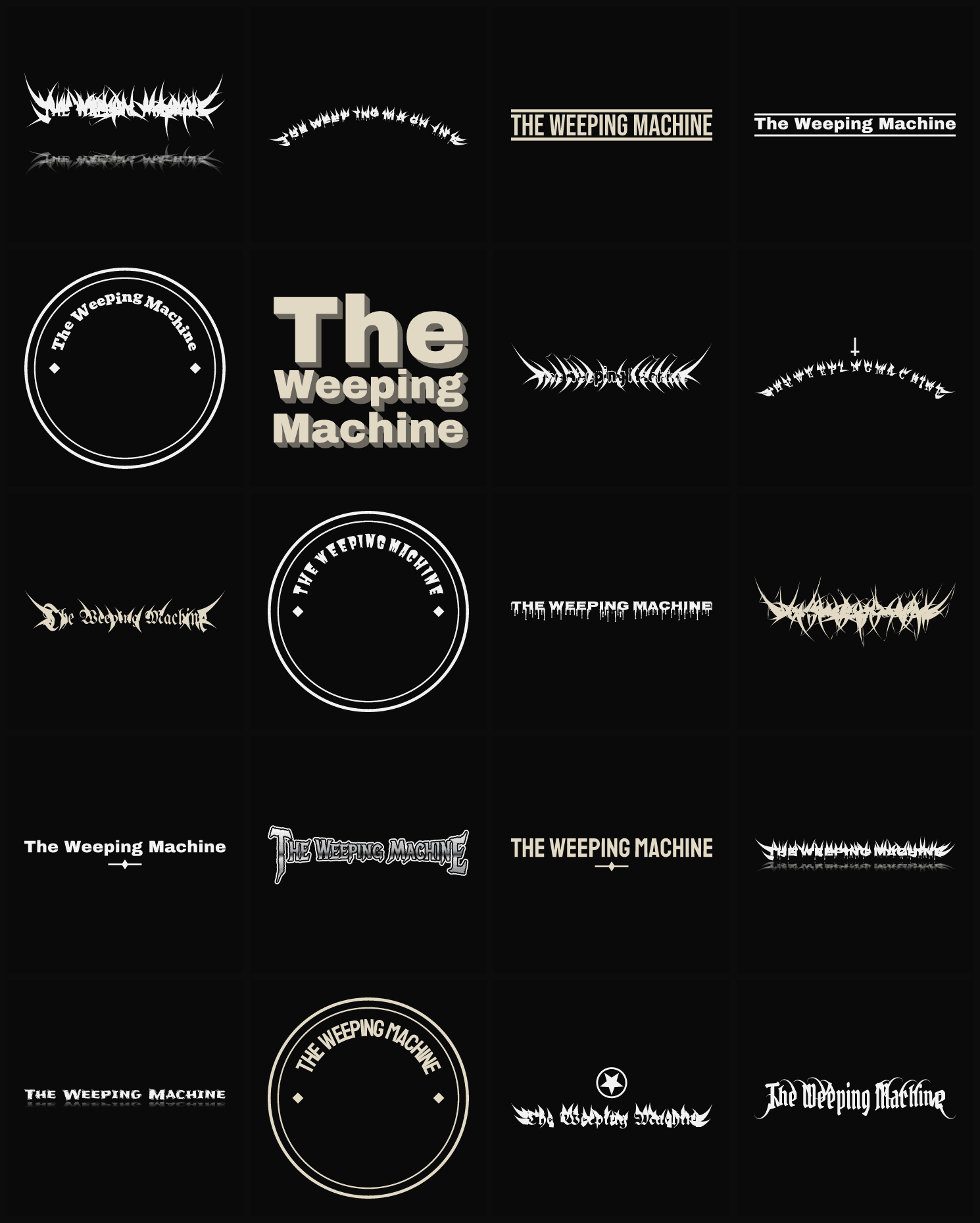 Twenty The Weeping Machine band logo ideas — different faces, treatments and spike settings