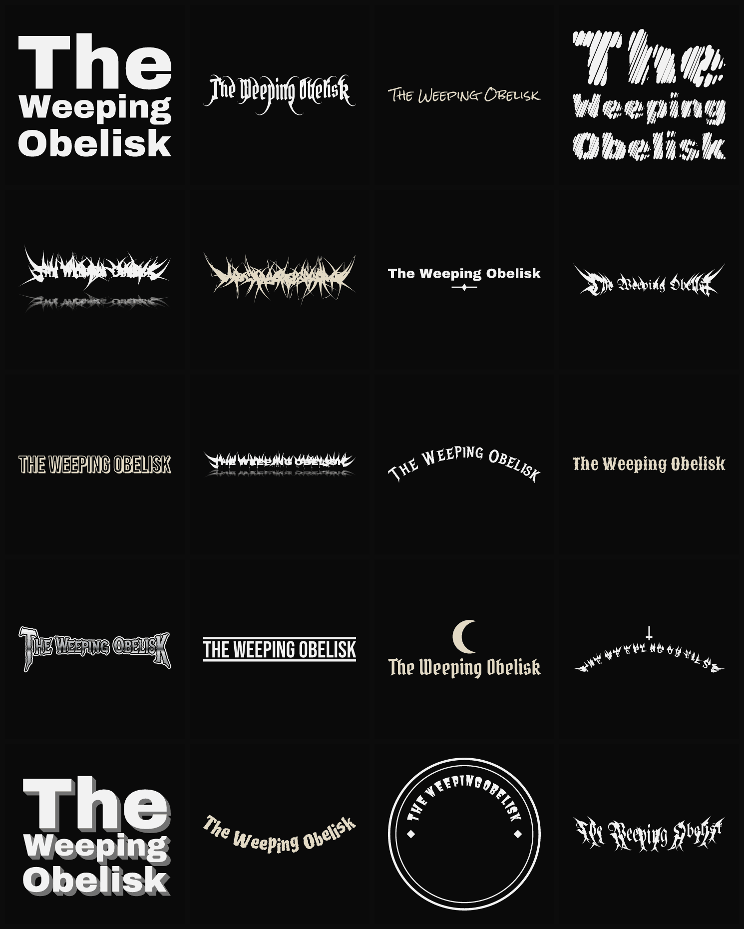 Twenty The Weeping Obelisk band logo ideas — different faces, treatments and spike settings