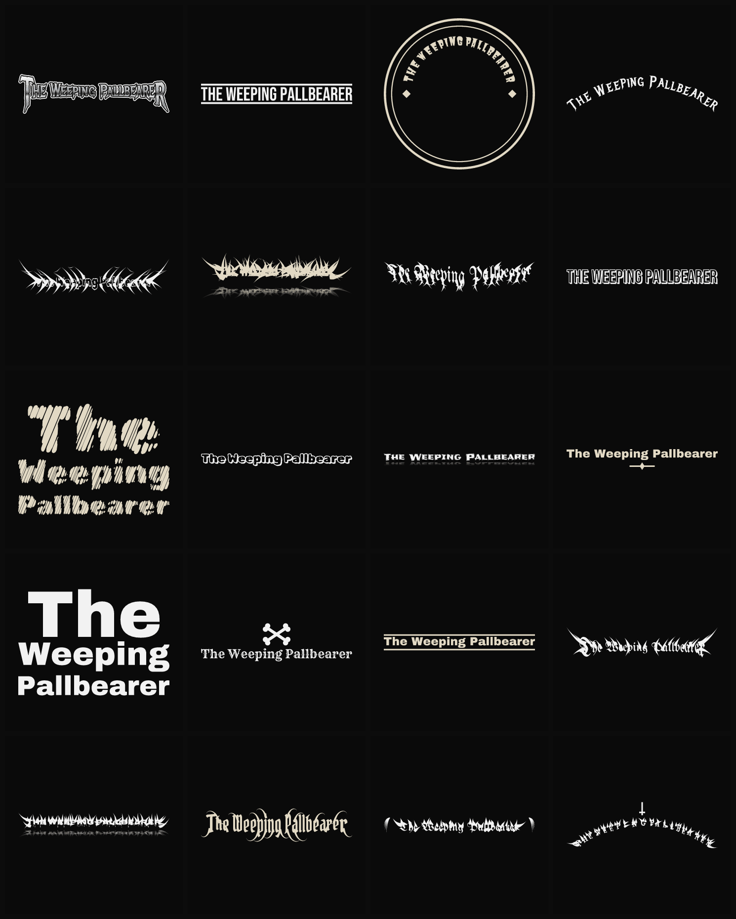 Twenty The Weeping Pallbearer band logo ideas — different faces, treatments and spike settings
