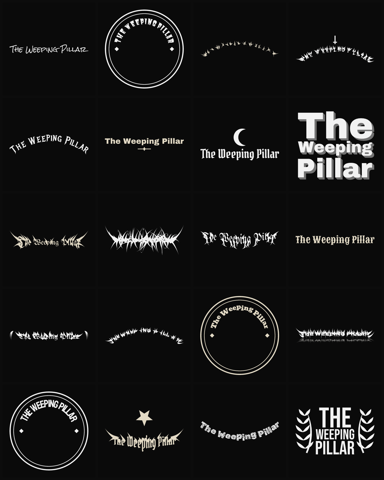 Twenty The Weeping Pillar band logo ideas — different faces, treatments and spike settings