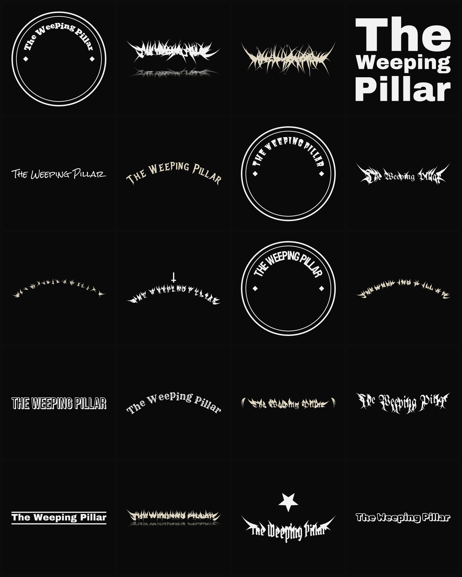 Twenty The Weeping Pillar band logo ideas — different faces, treatments and spike settings