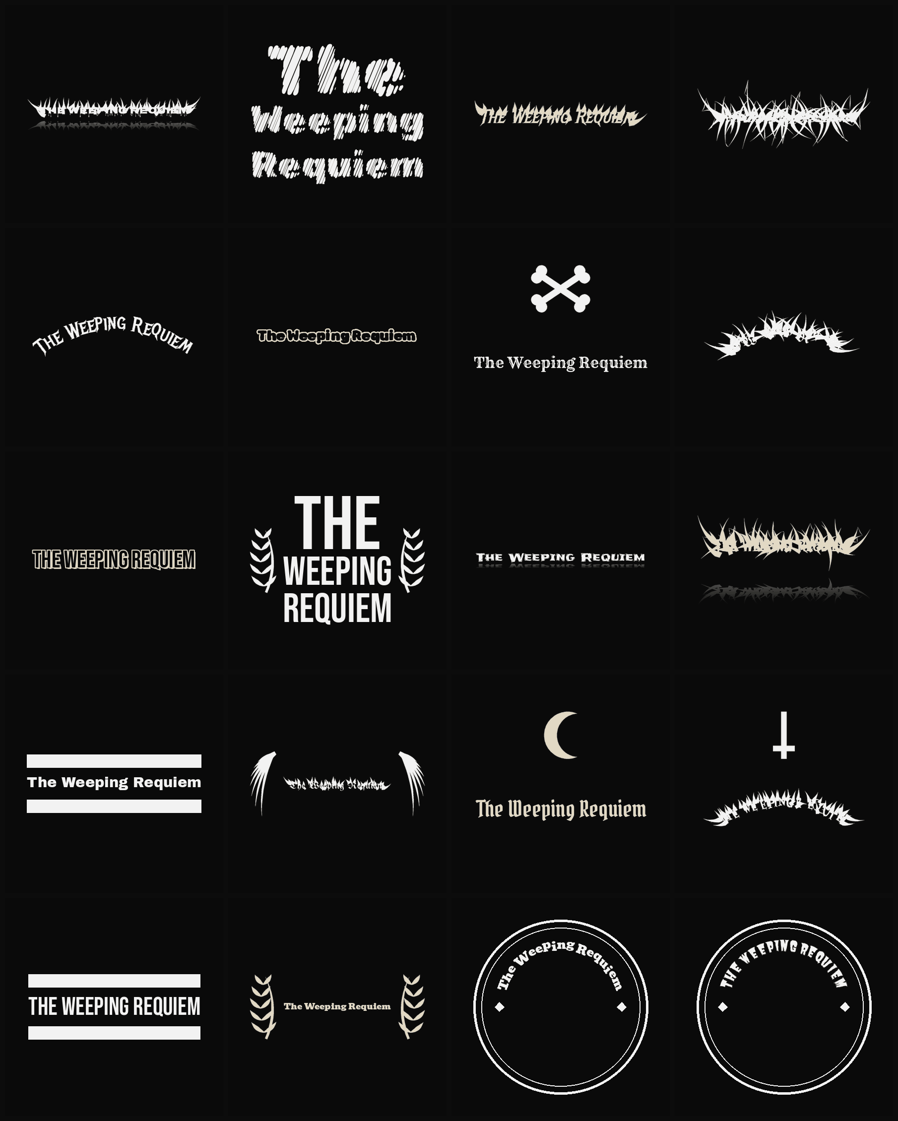 Twenty The Weeping Requiem band logo ideas — different faces, treatments and spike settings