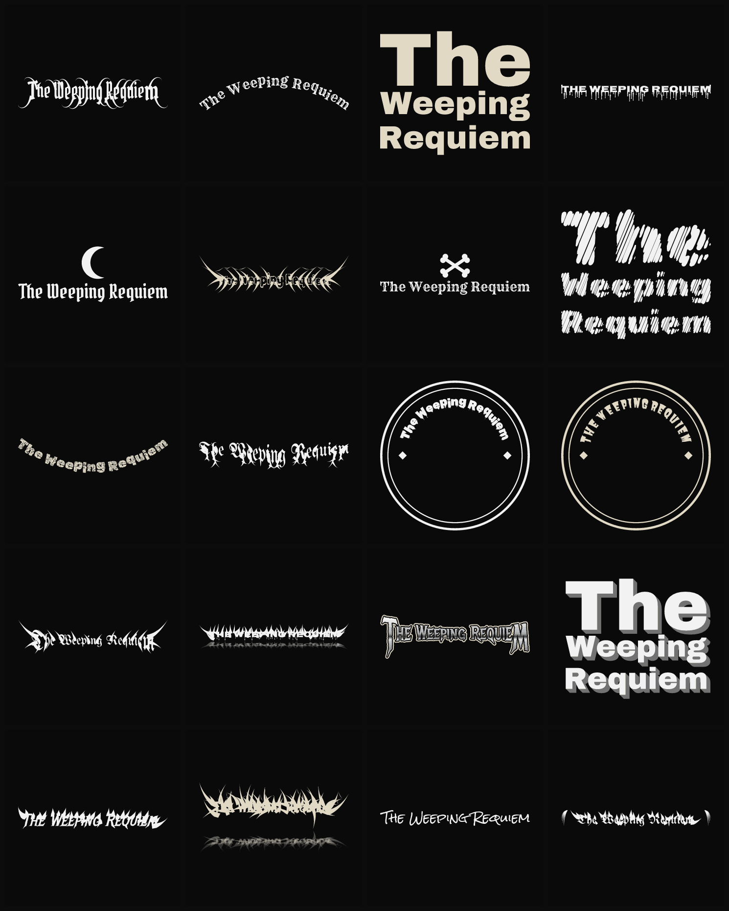 Twenty The Weeping Requiem band logo ideas — different faces, treatments and spike settings