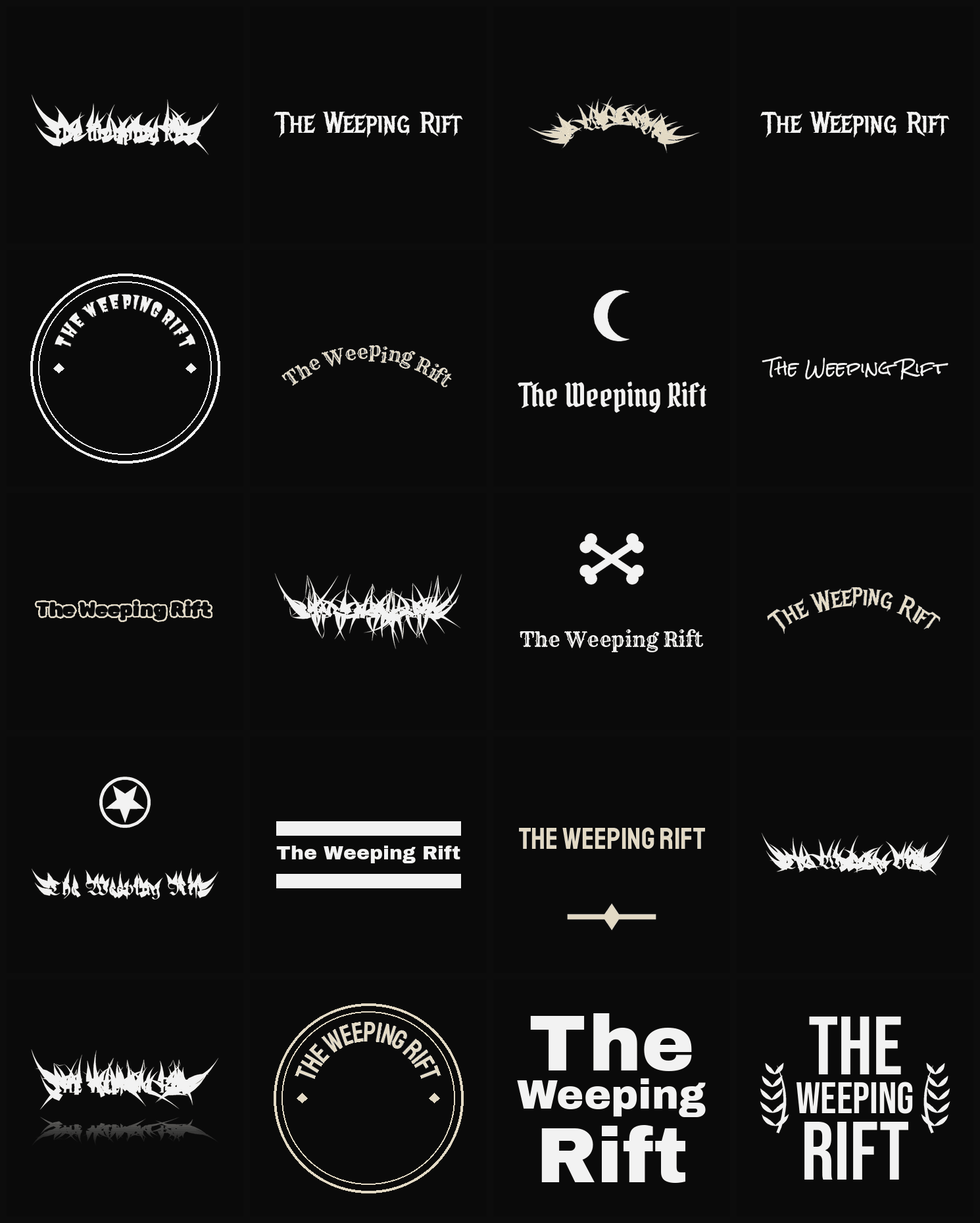 Twenty The Weeping Rift band logo ideas — different faces, treatments and spike settings