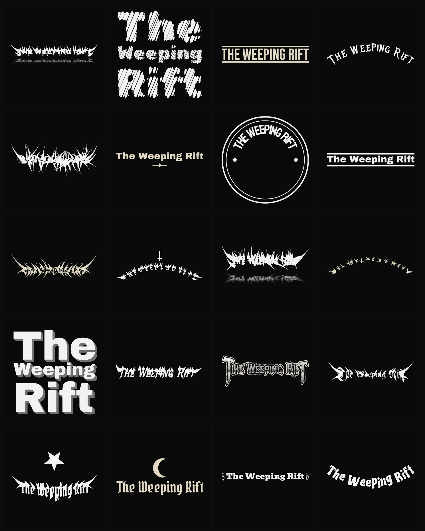 Twenty The Weeping Rift band logo ideas — different faces, treatments and spike settings
