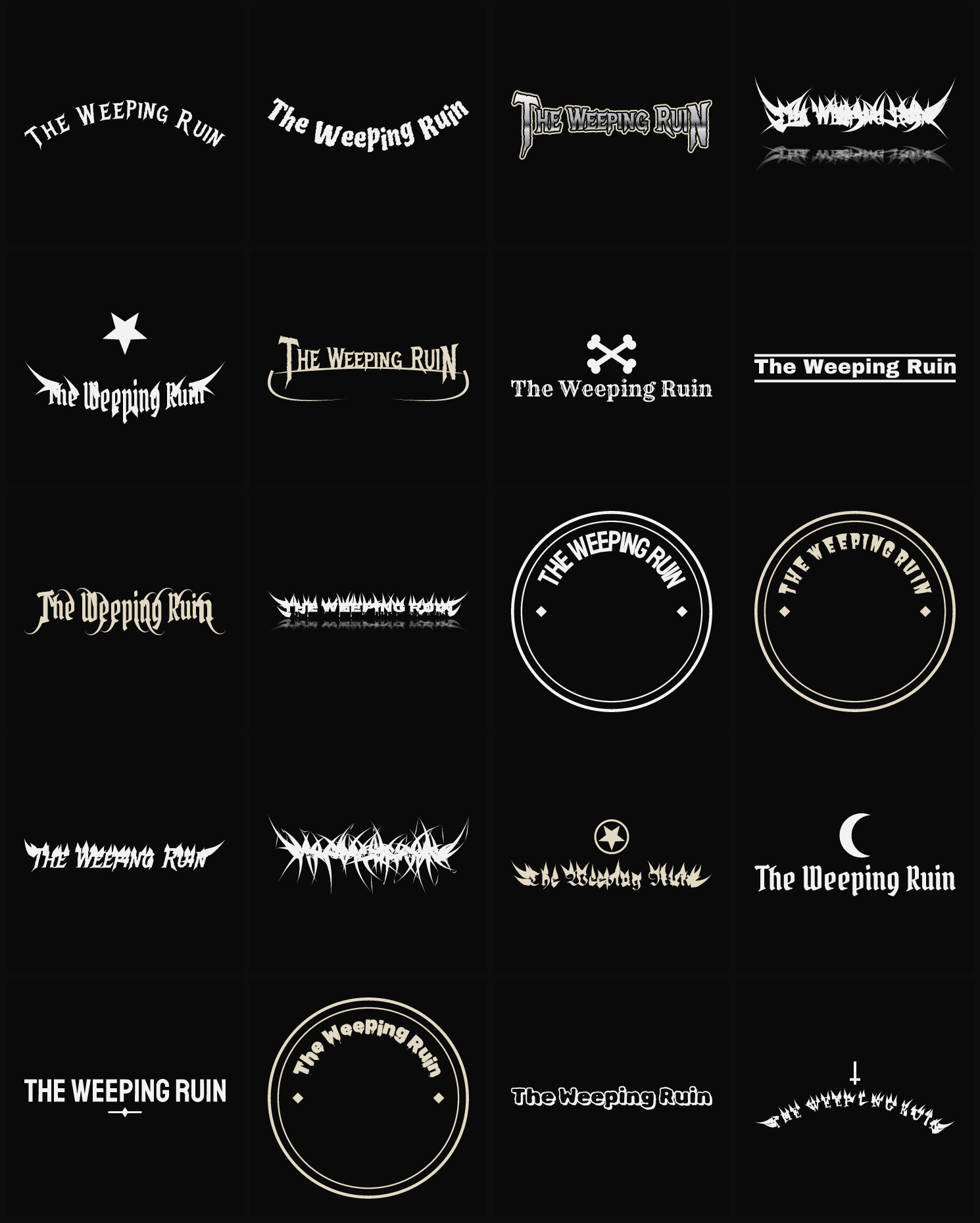 Twenty The Weeping Ruin band logo ideas — different faces, treatments and spike settings
