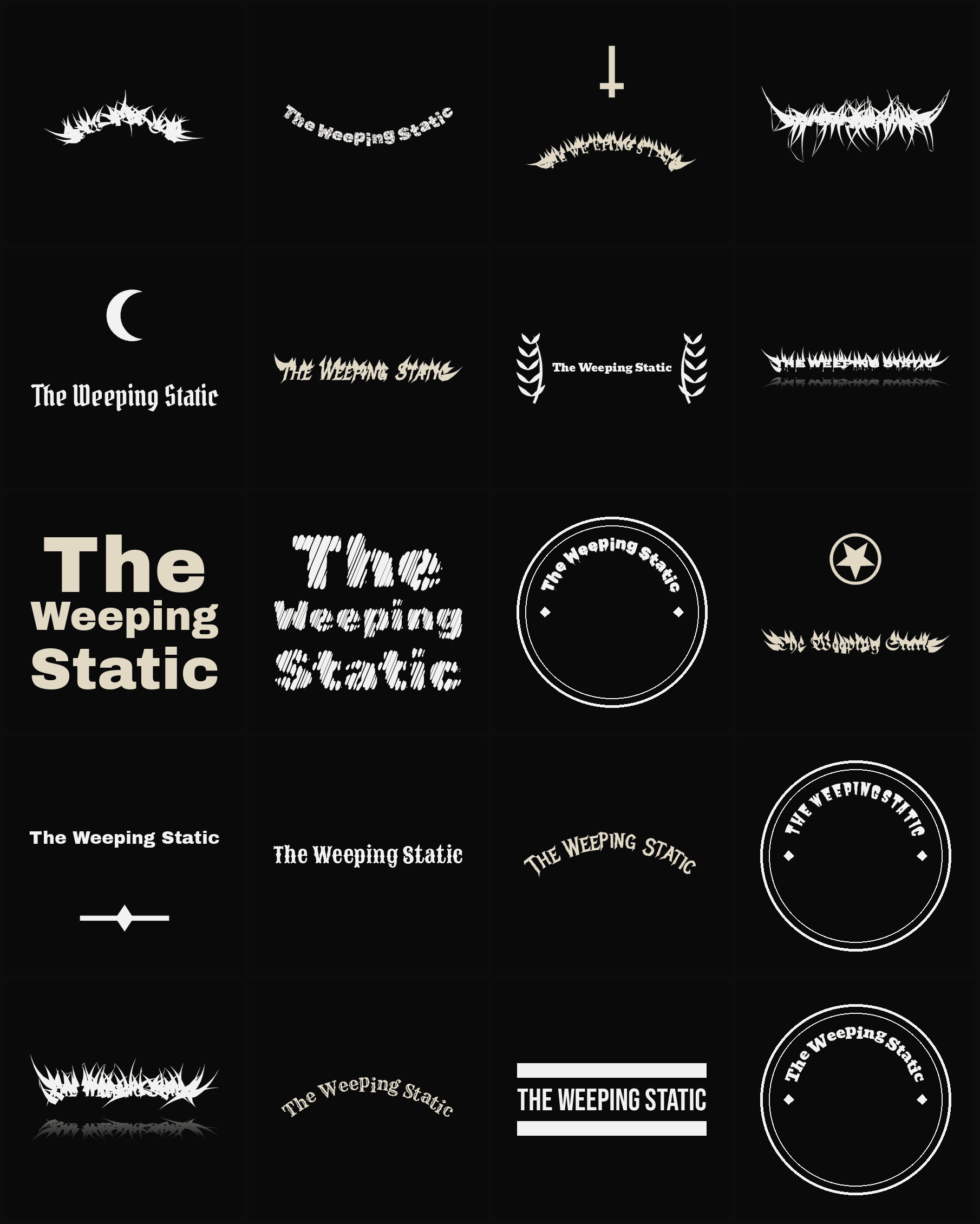 Twenty The Weeping Static band logo ideas — different faces, treatments and spike settings