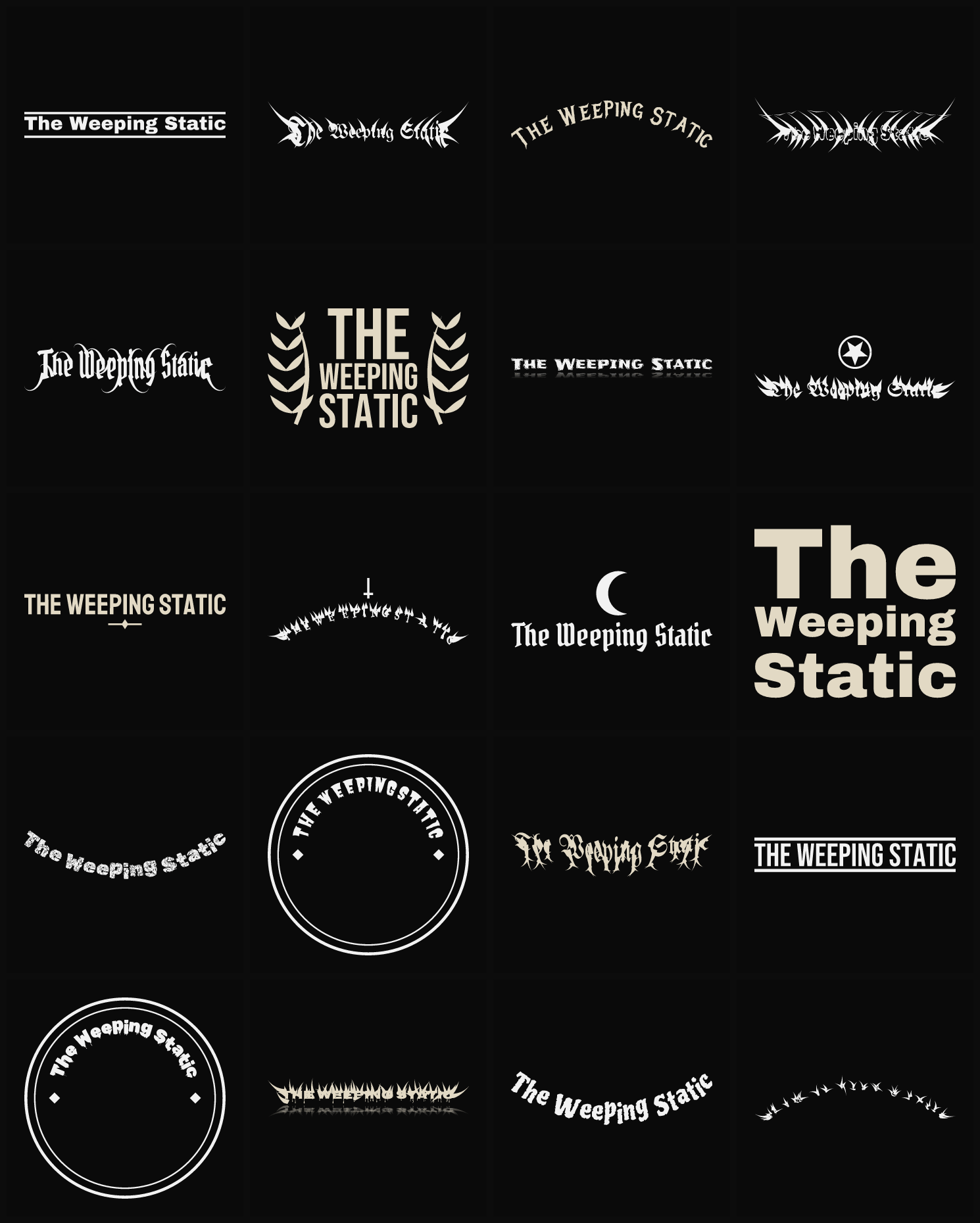 Twenty The Weeping Static band logo ideas — different faces, treatments and spike settings