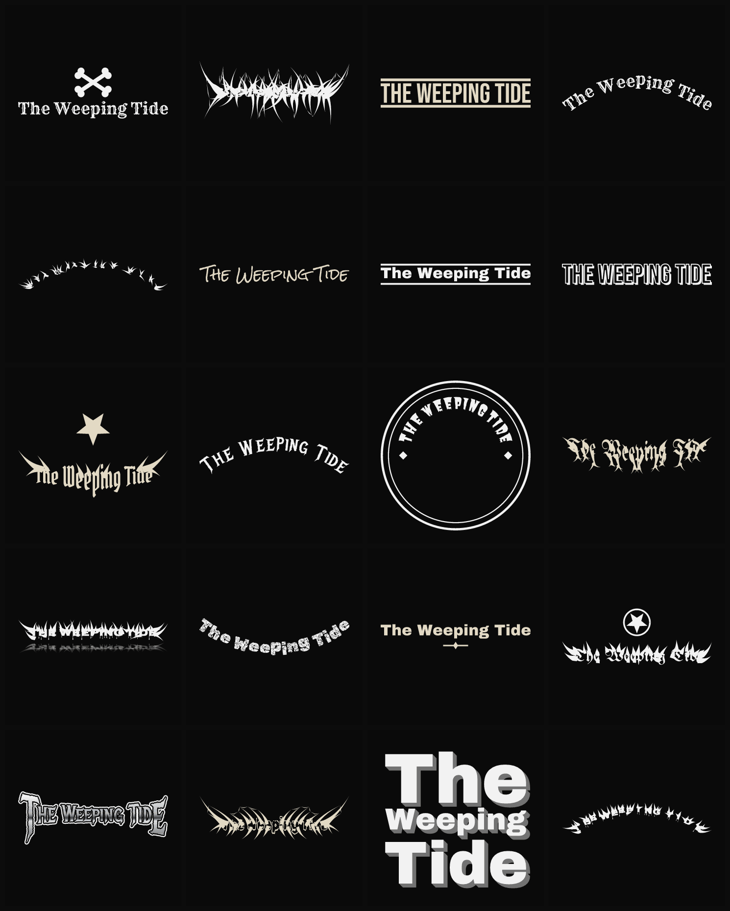 Twenty The Weeping Tide band logo ideas — different faces, treatments and spike settings
