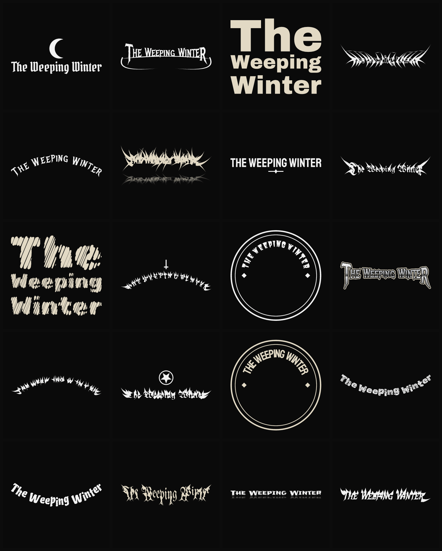 Twenty The Weeping Winter band logo ideas — different faces, treatments and spike settings