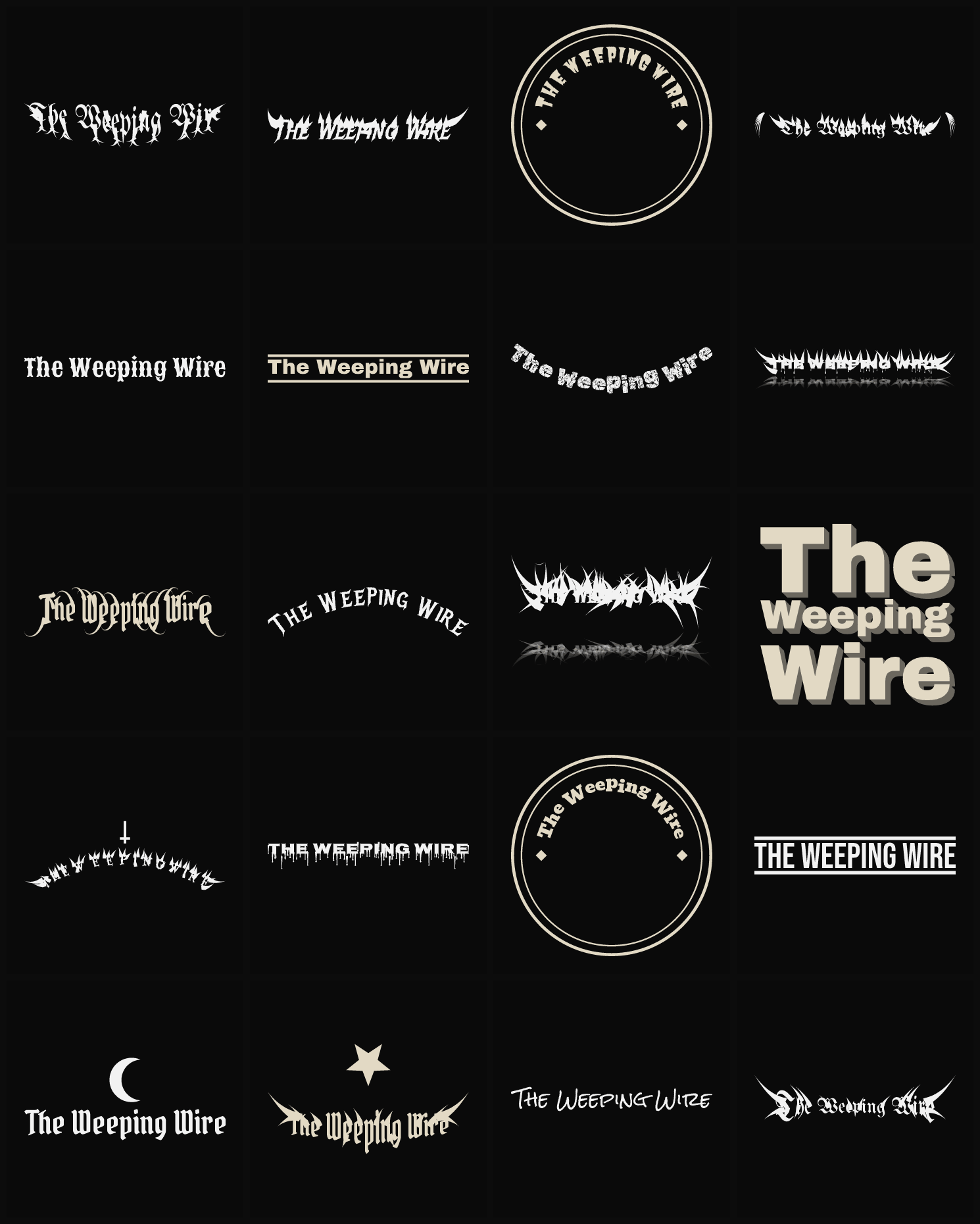 Twenty The Weeping Wire band logo ideas — different faces, treatments and spike settings