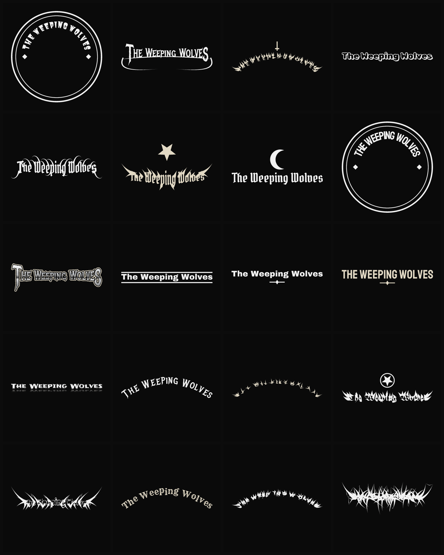 Twenty The Weeping Wolves band logo ideas — different faces, treatments and spike settings