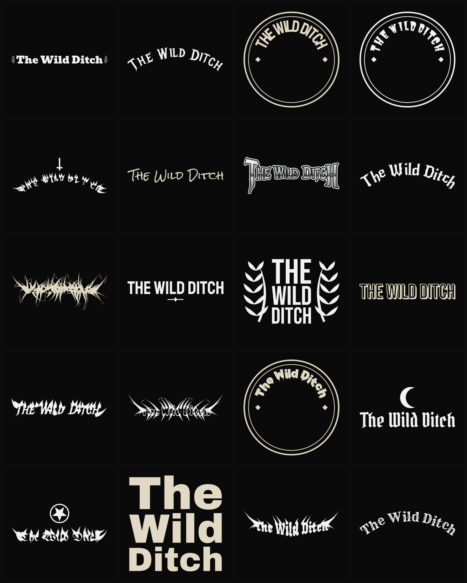 Twenty The Wild Ditch band logo ideas — different faces, treatments and spike settings