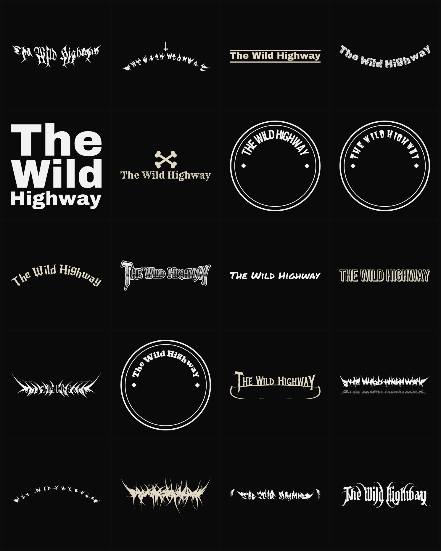 Twenty The Wild Highway band logo ideas — different faces, treatments and spike settings