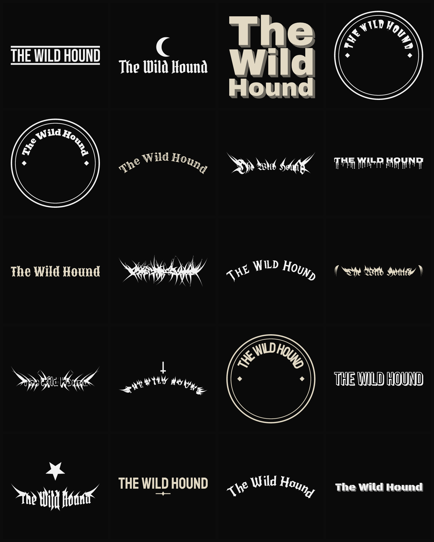 Twenty The Wild Hound band logo ideas — different faces, treatments and spike settings