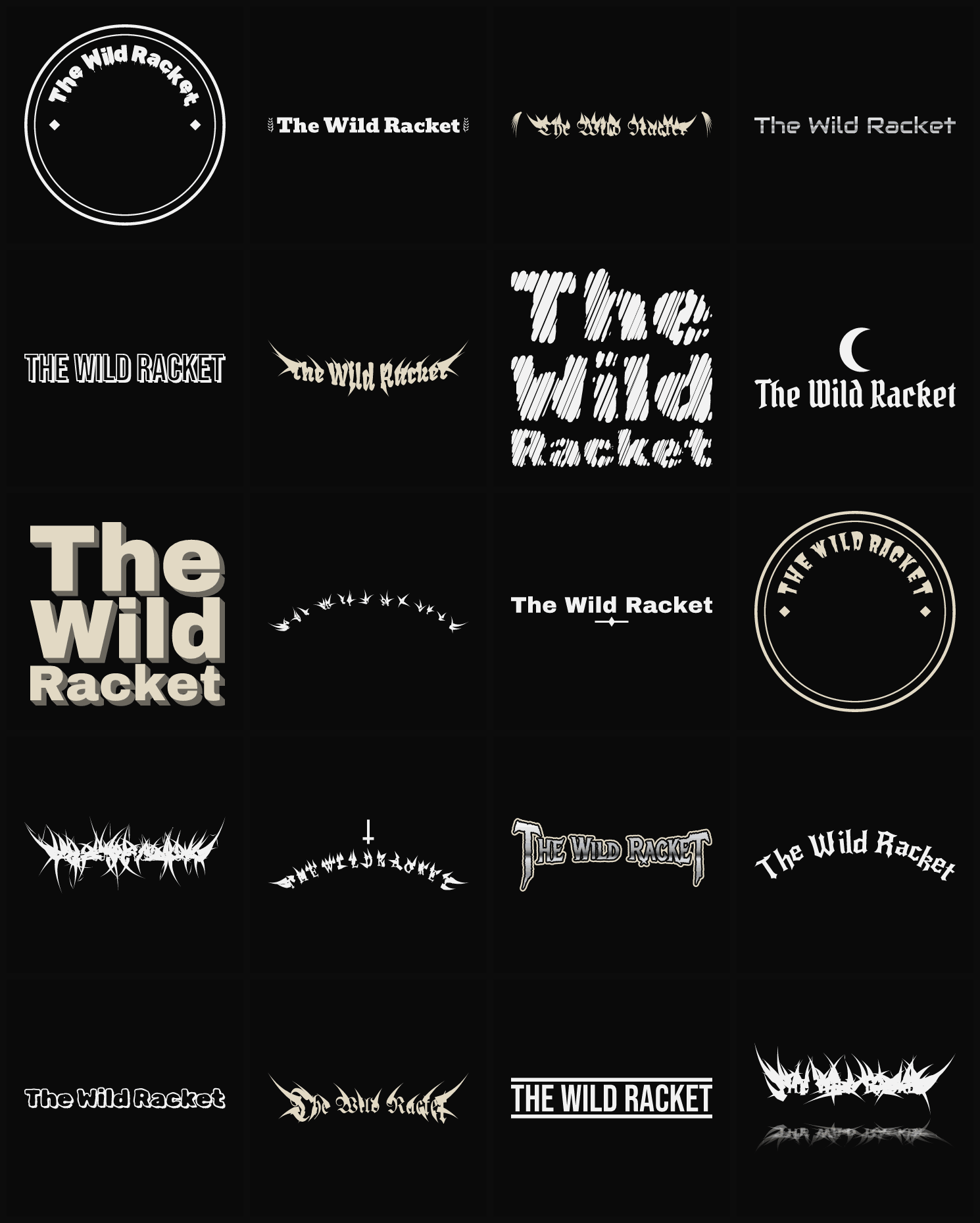Twenty The Wild Racket band logo ideas — different faces, treatments and spike settings