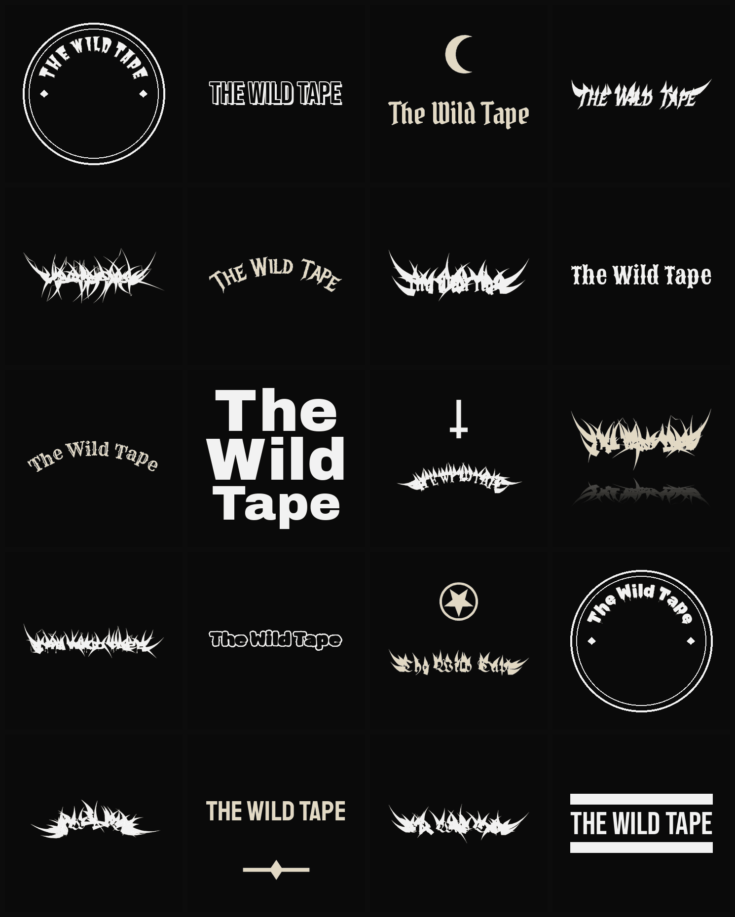 Twenty The Wild Tape band logo ideas — different faces, treatments and spike settings
