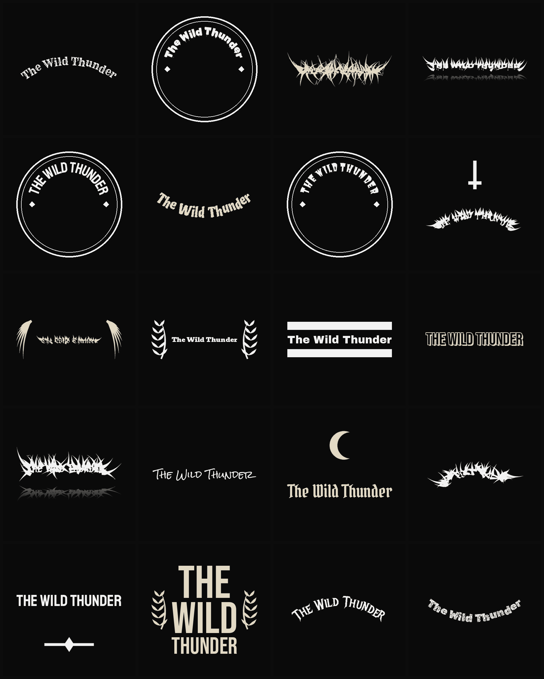 Twenty The Wild Thunder band logo ideas — different faces, treatments and spike settings