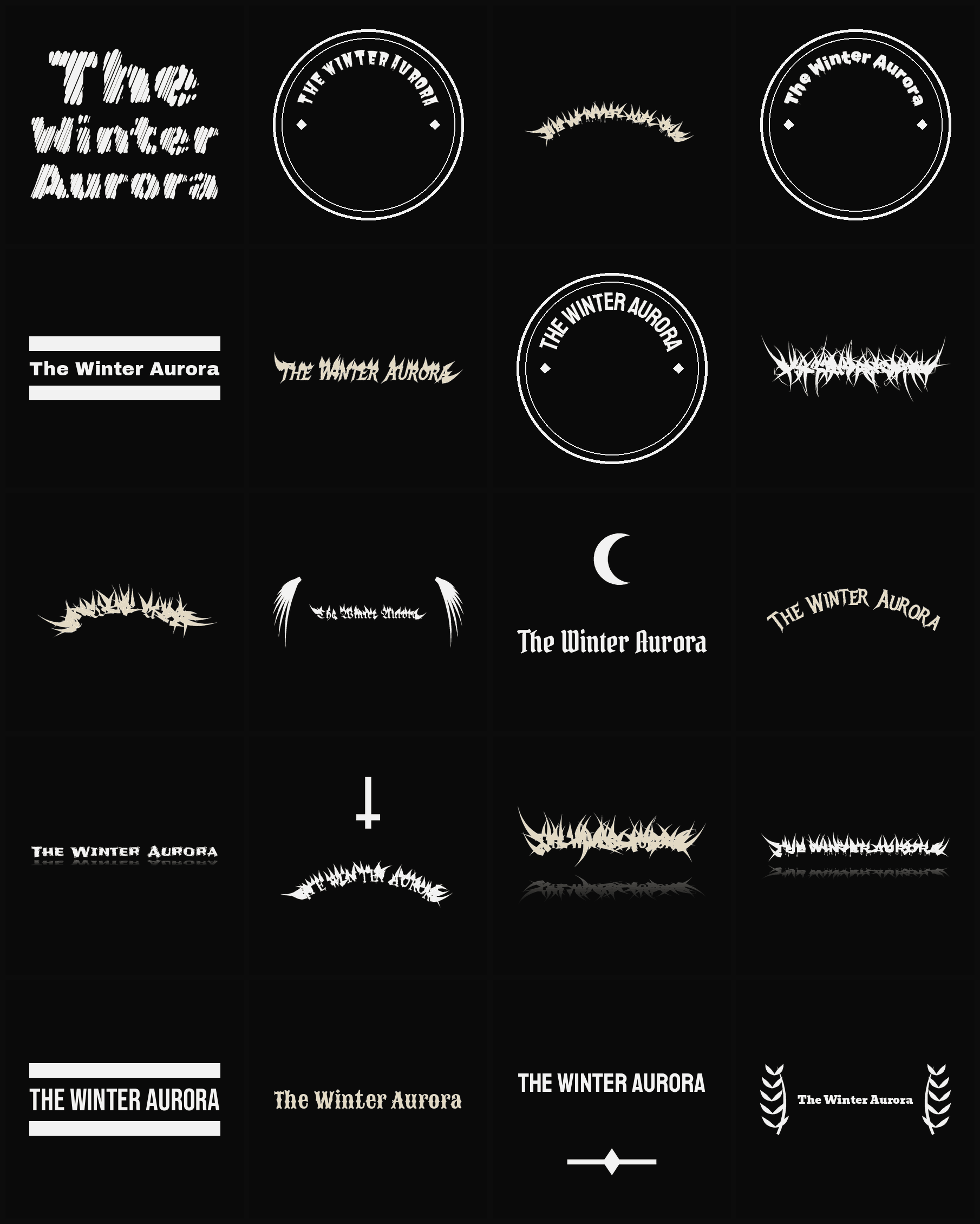 Twenty The Winter Aurora band logo ideas — different faces, treatments and spike settings
