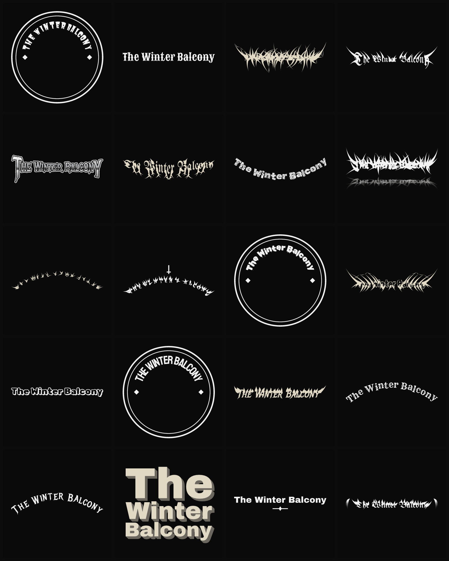 Twenty The Winter Balcony band logo ideas — different faces, treatments and spike settings