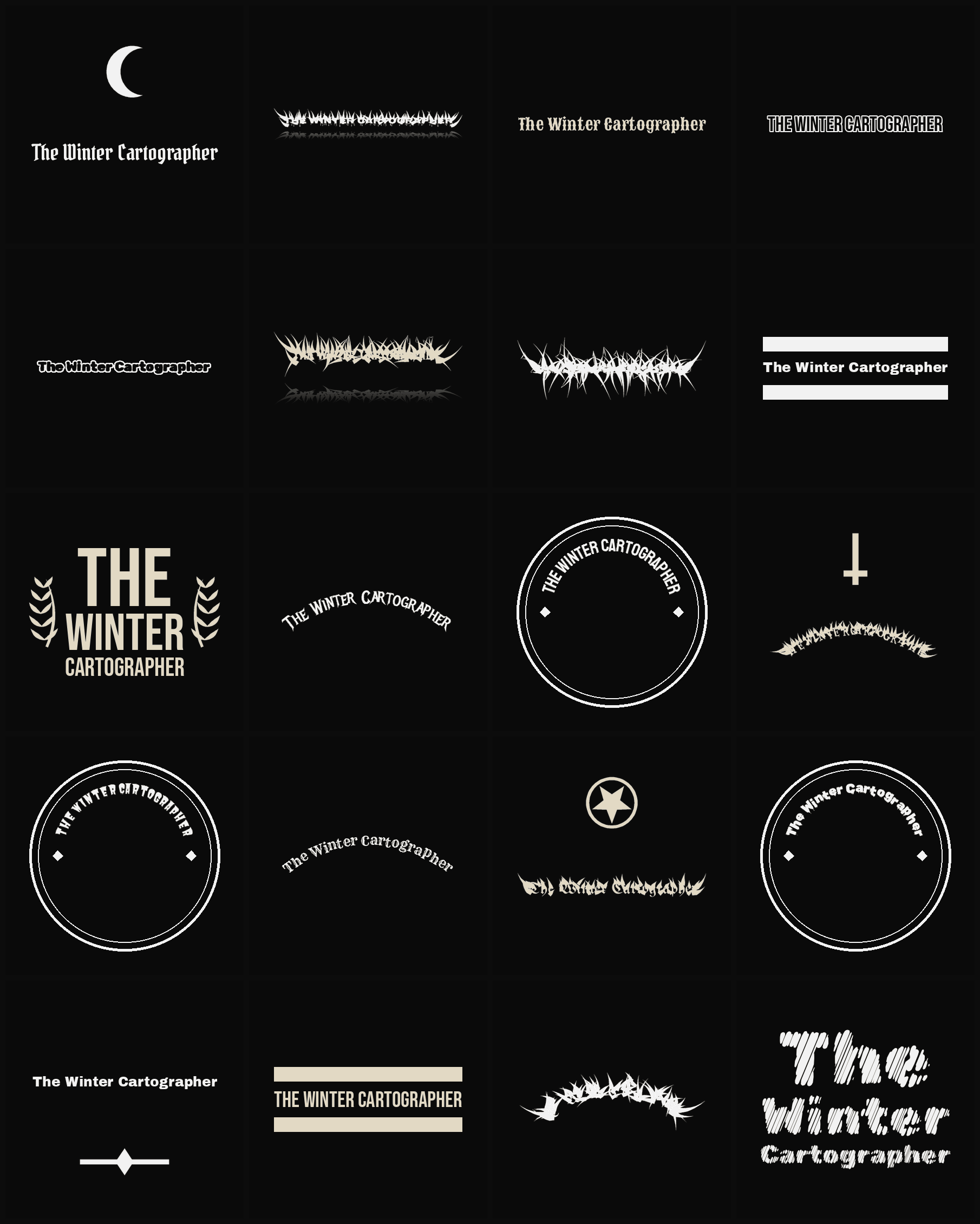 Twenty The Winter Cartographer band logo ideas — different faces, treatments and spike settings