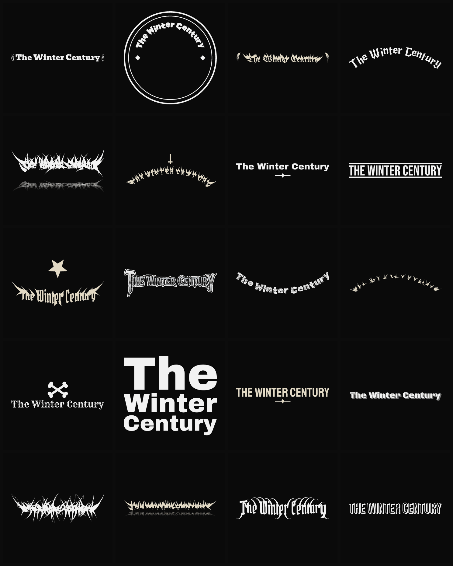 Twenty The Winter Century band logo ideas — different faces, treatments and spike settings