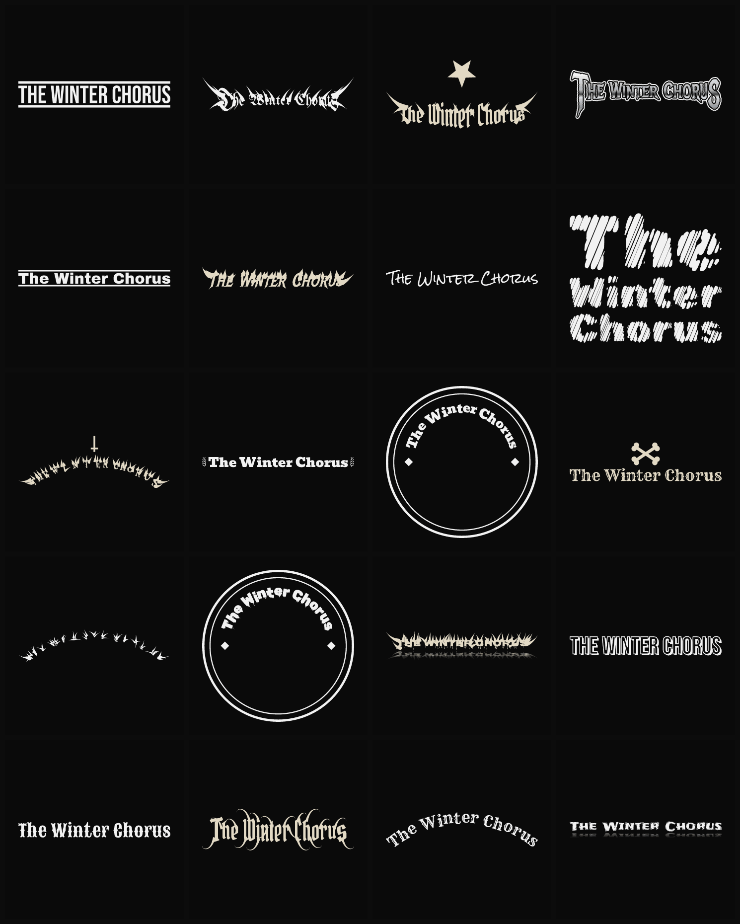 Twenty The Winter Chorus band logo ideas — different faces, treatments and spike settings