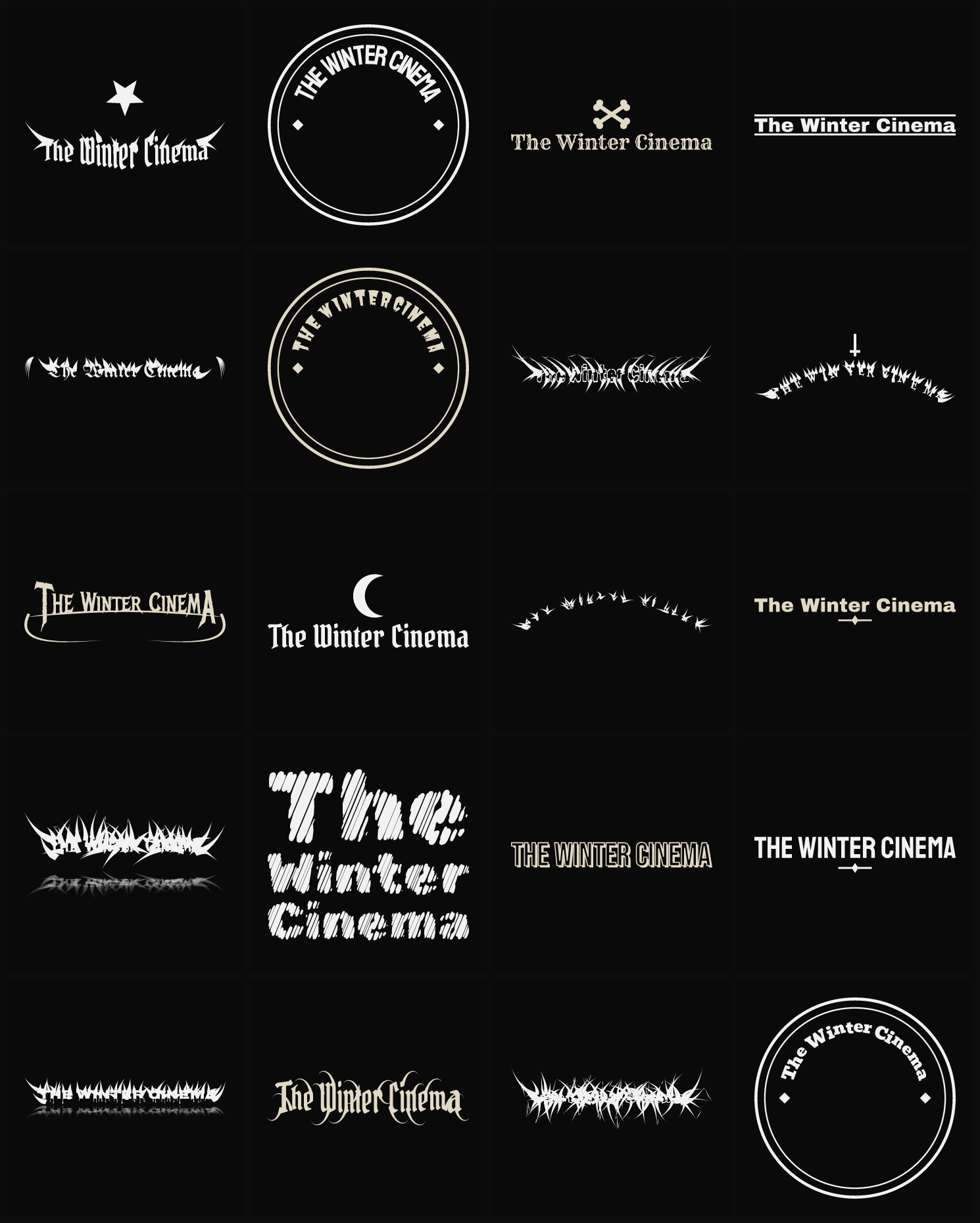 Twenty The Winter Cinema band logo ideas — different faces, treatments and spike settings