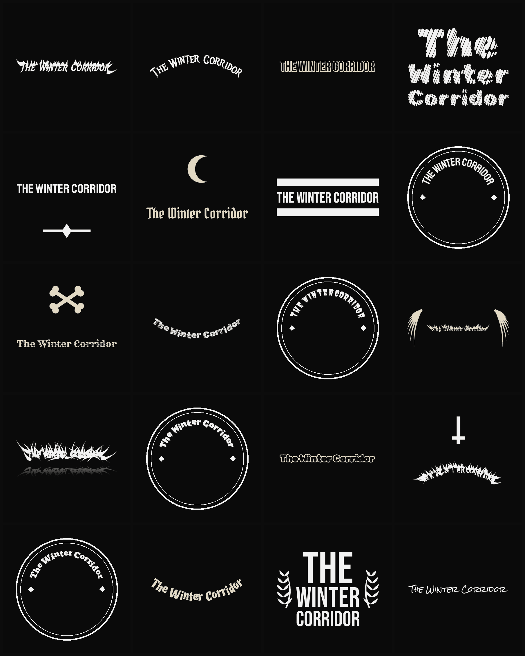 Twenty The Winter Corridor band logo ideas — different faces, treatments and spike settings