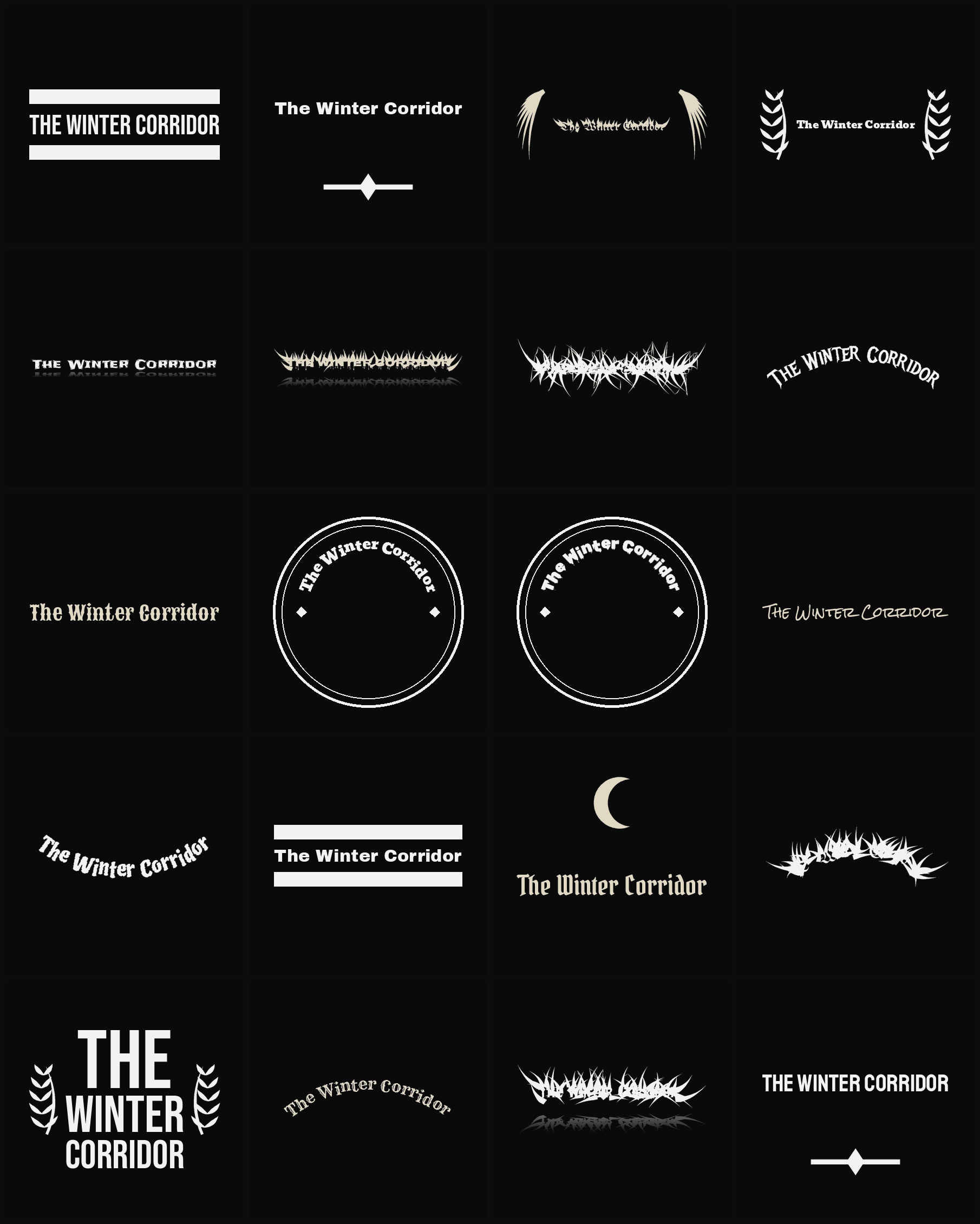 Twenty The Winter Corridor band logo ideas — different faces, treatments and spike settings