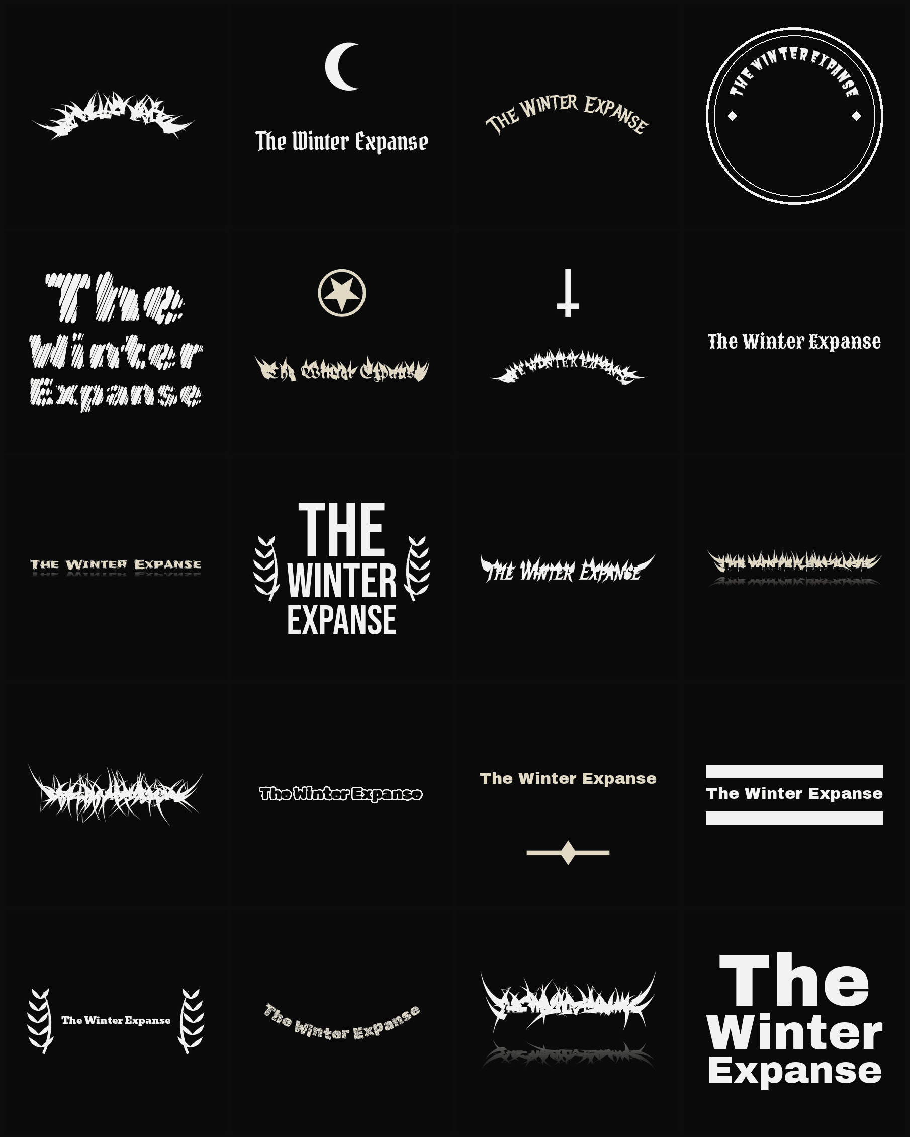 Twenty The Winter Expanse band logo ideas — different faces, treatments and spike settings