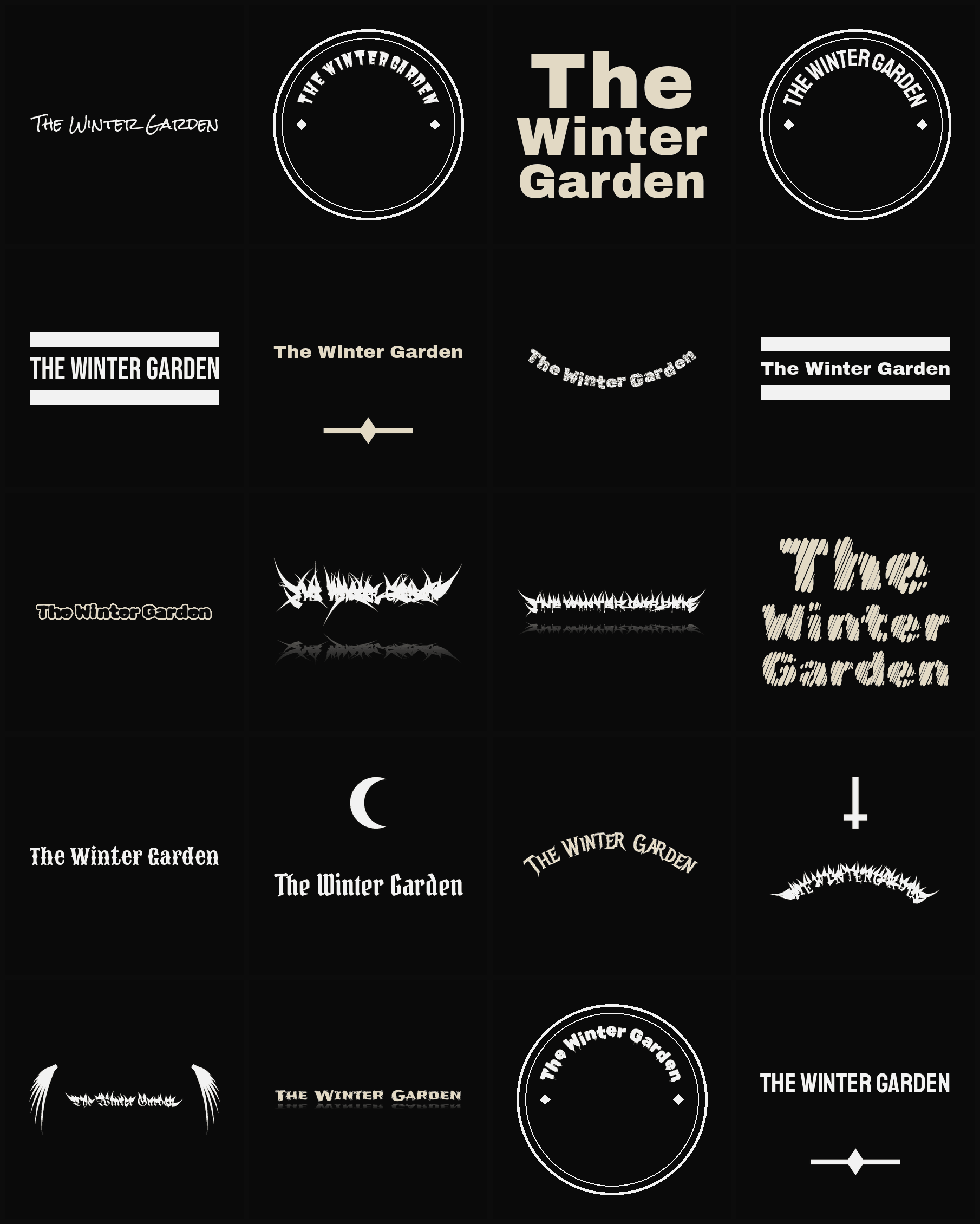Twenty The Winter Garden band logo ideas — different faces, treatments and spike settings