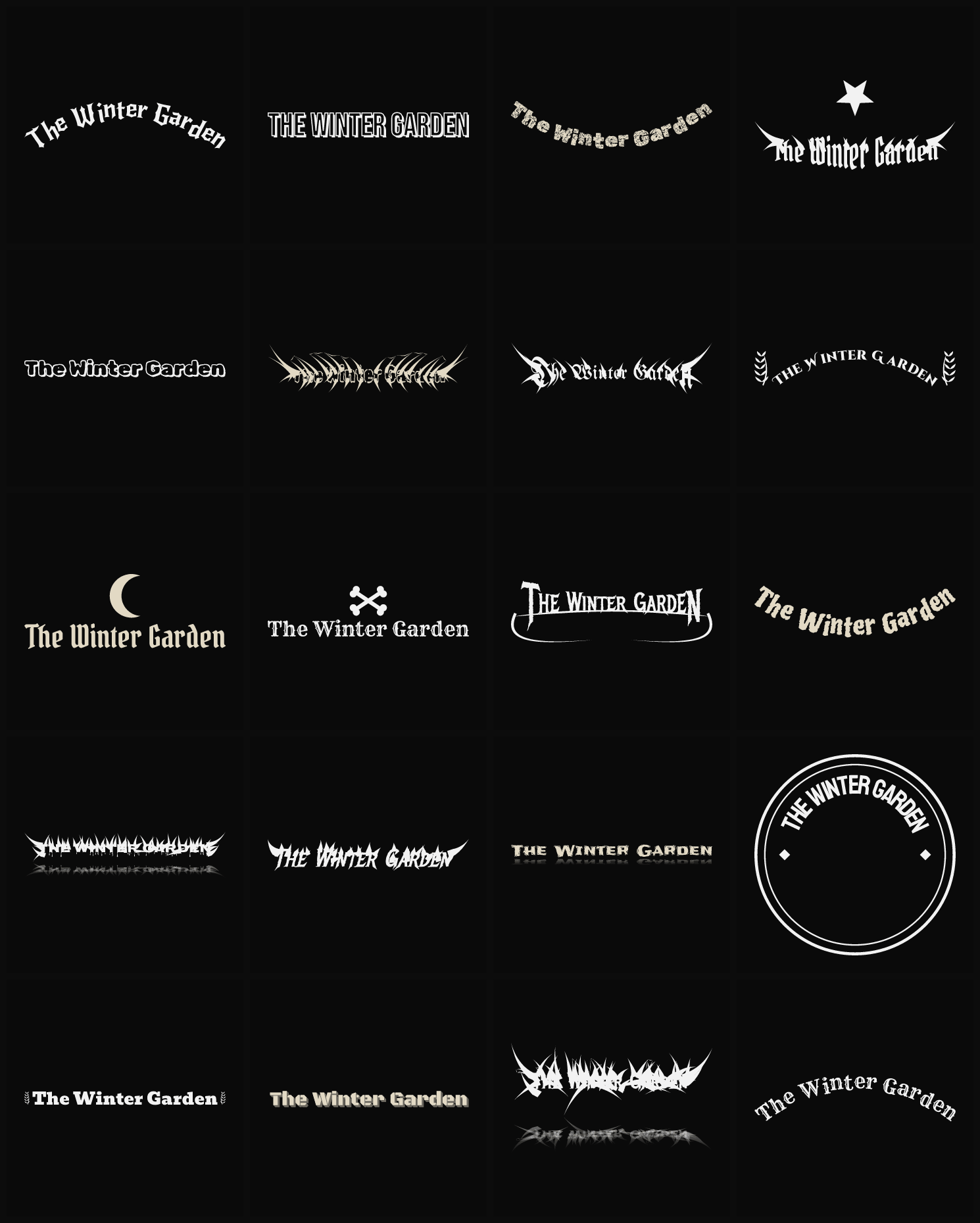 Twenty The Winter Garden band logo ideas — different faces, treatments and spike settings