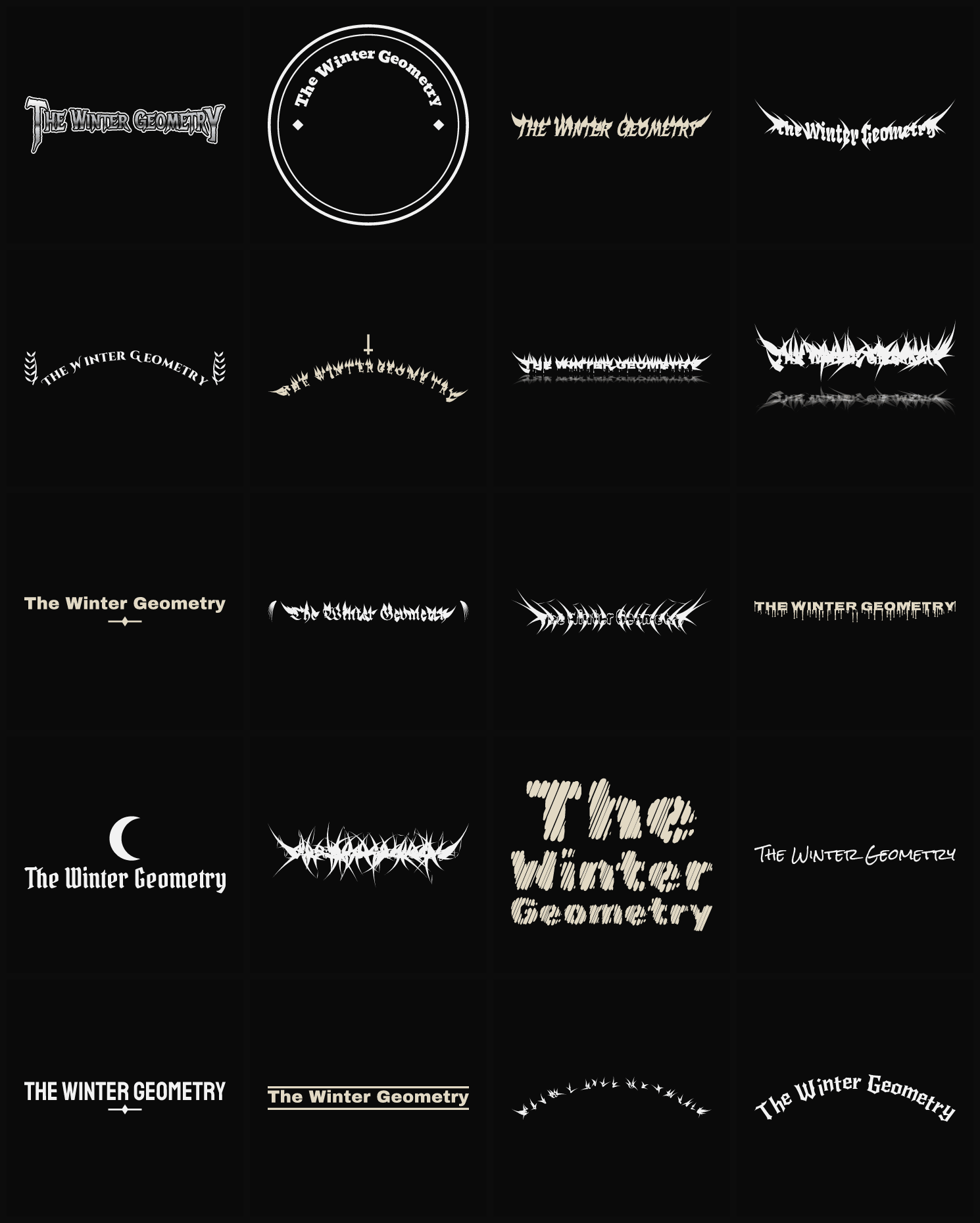 Twenty The Winter Geometry band logo ideas — different faces, treatments and spike settings