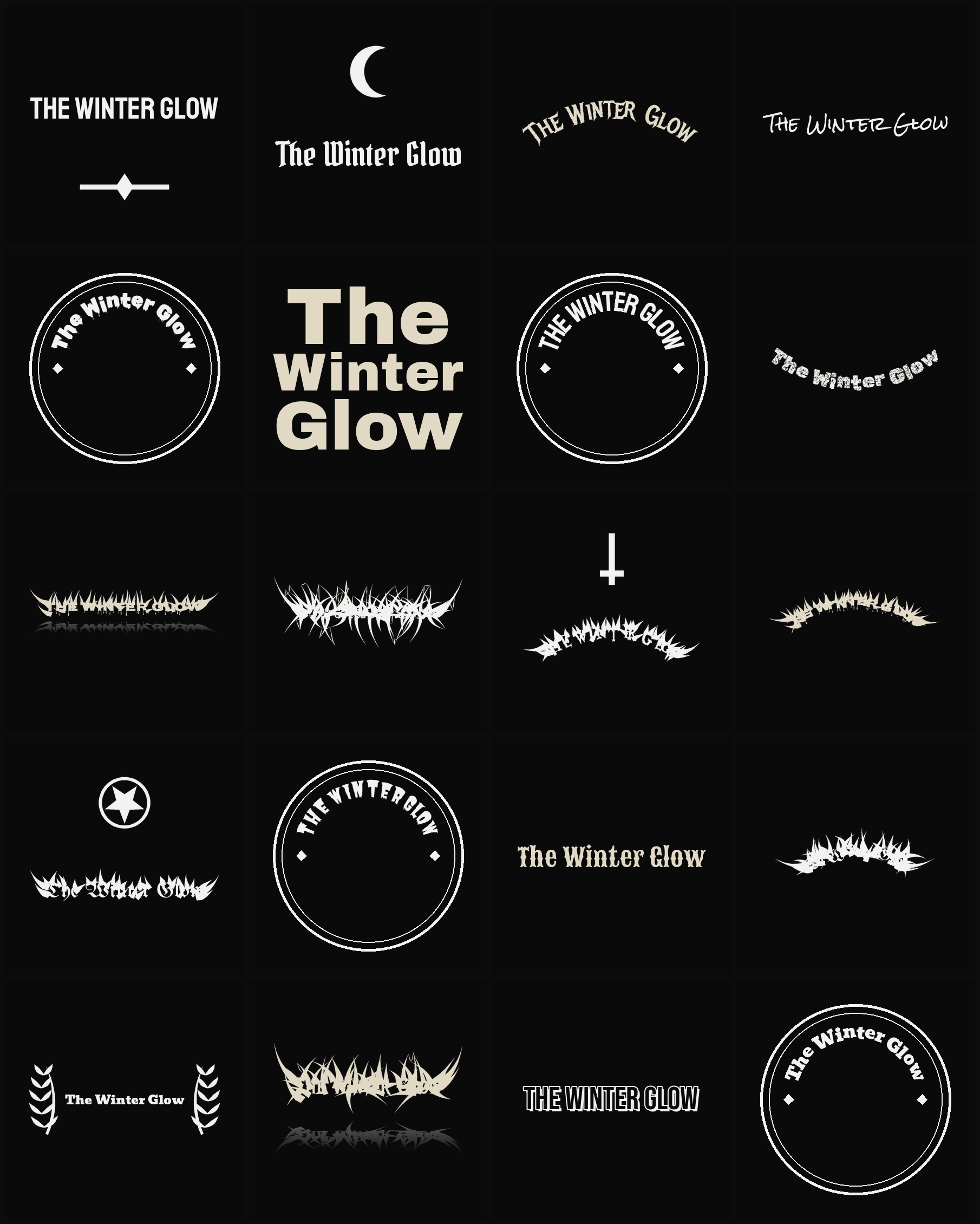 Twenty The Winter Glow band logo ideas — different faces, treatments and spike settings