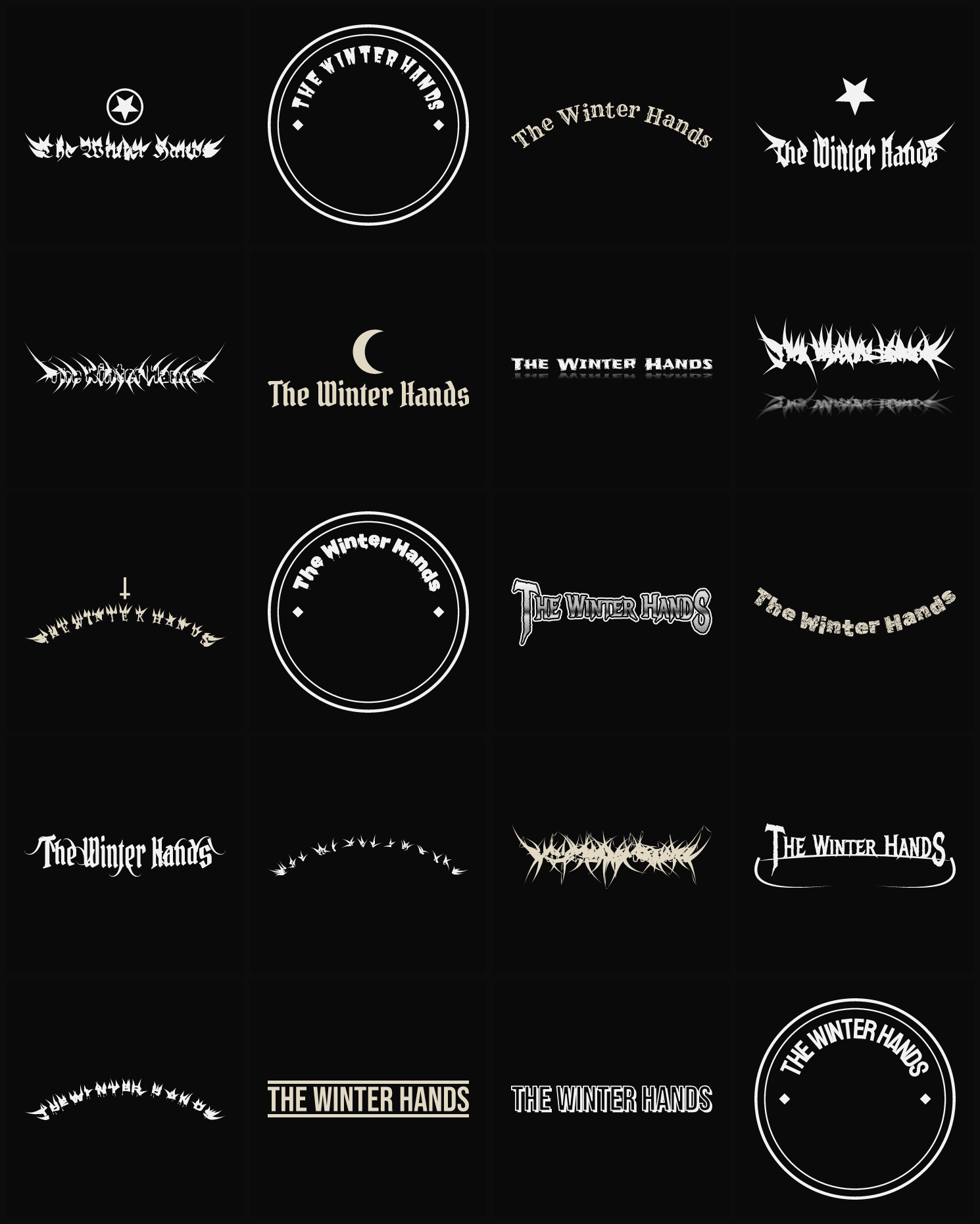 Twenty The Winter Hands band logo ideas — different faces, treatments and spike settings