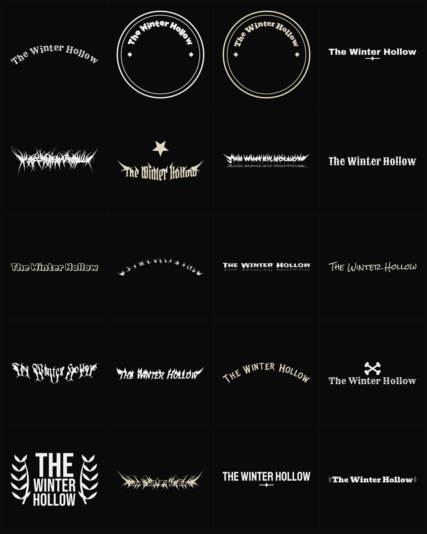 Twenty The Winter Hollow band logo ideas — different faces, treatments and spike settings