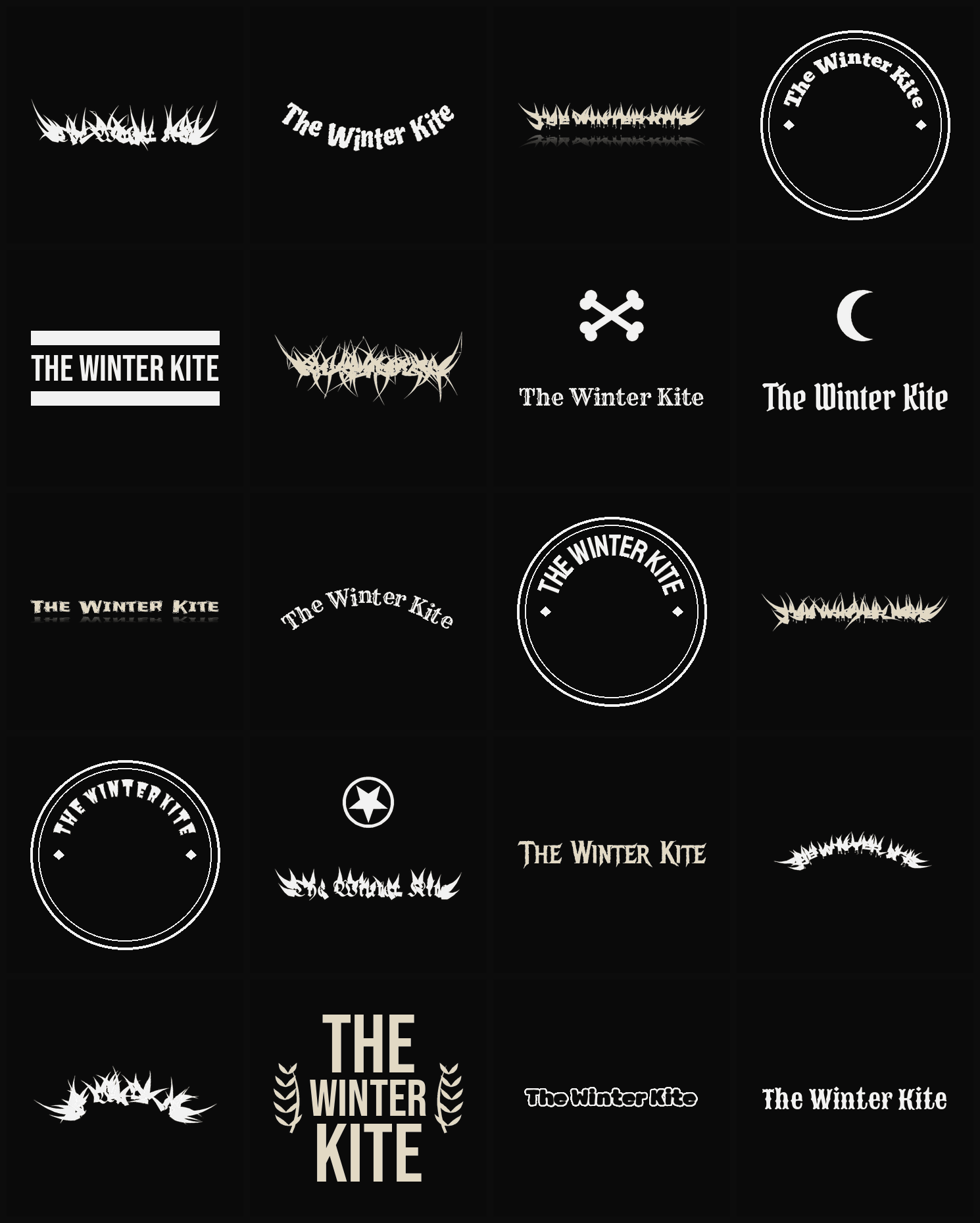 Twenty The Winter Kite band logo ideas — different faces, treatments and spike settings