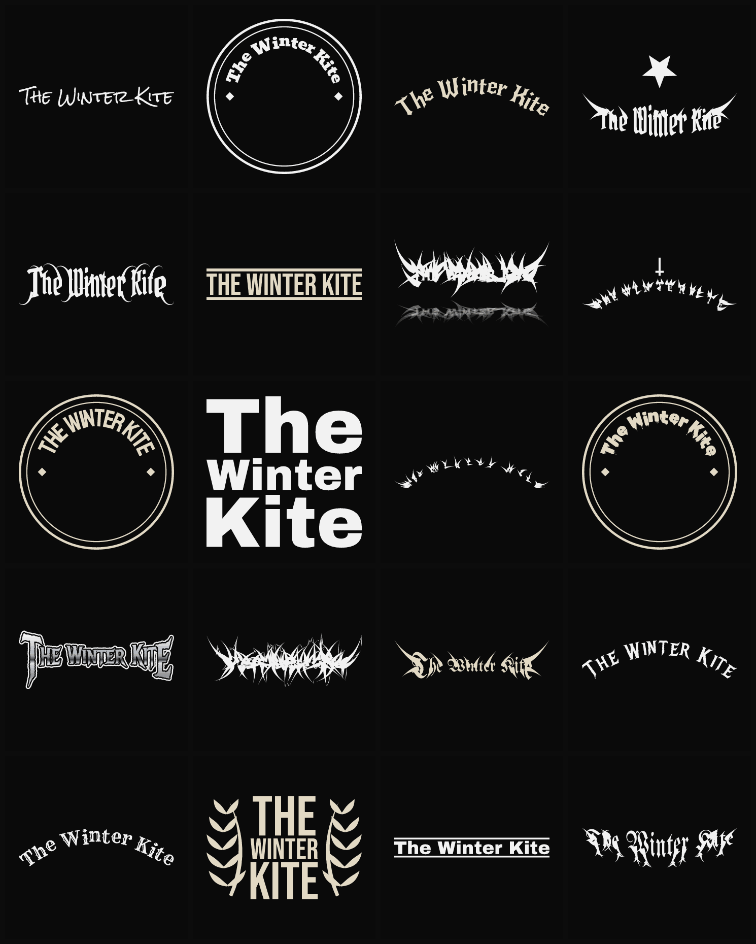 Twenty The Winter Kite band logo ideas — different faces, treatments and spike settings