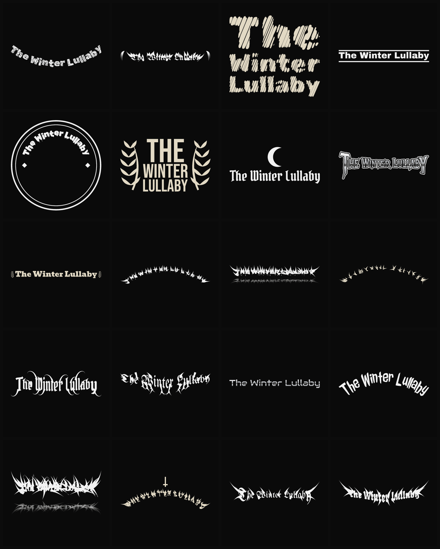 Twenty The Winter Lullaby band logo ideas — different faces, treatments and spike settings